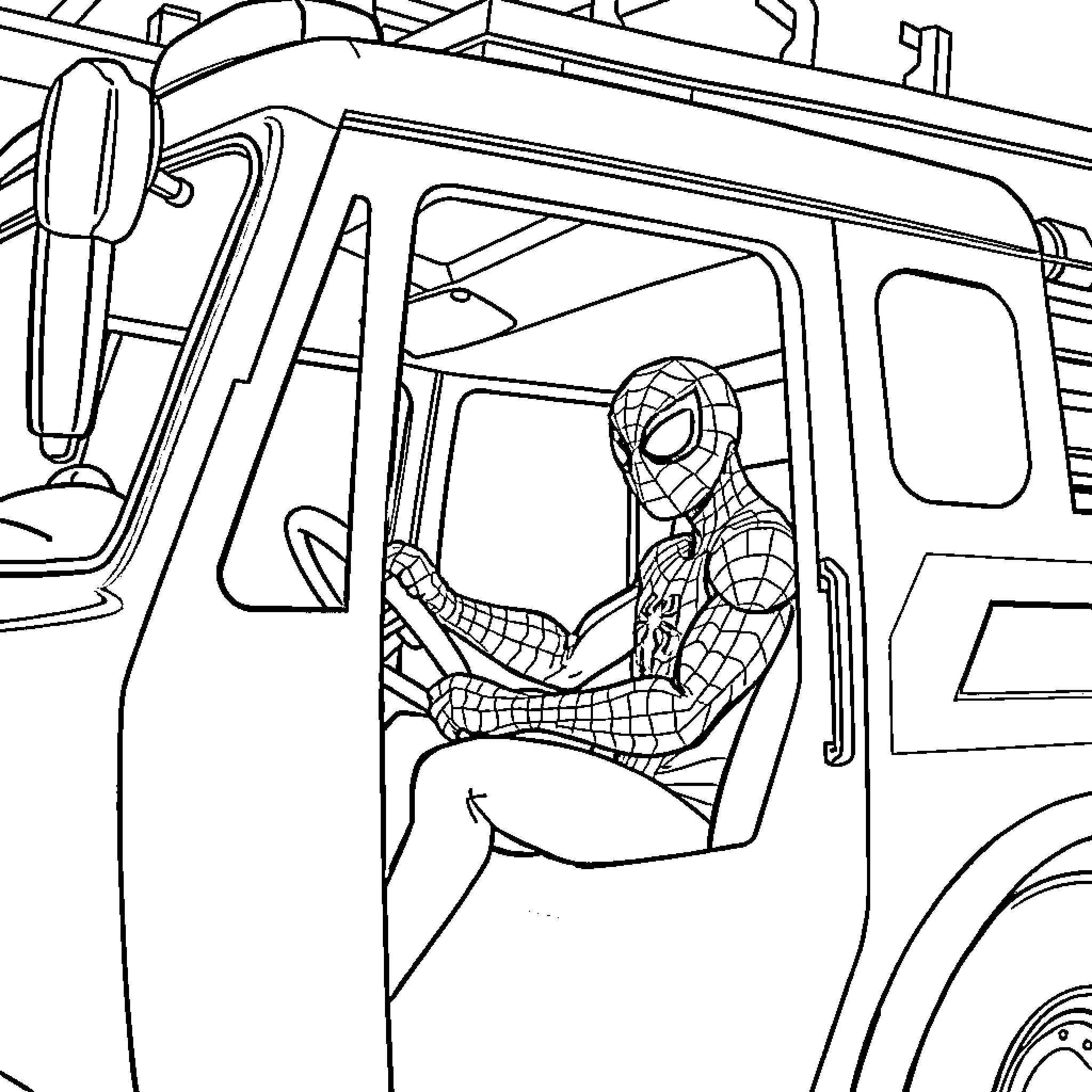 Spiderman swinging through the city in his vehicle Coloring Page (free black-and-white line drawing printable PDF for all, from beginners to advanced learners, including children, teens, adults, and seniors)