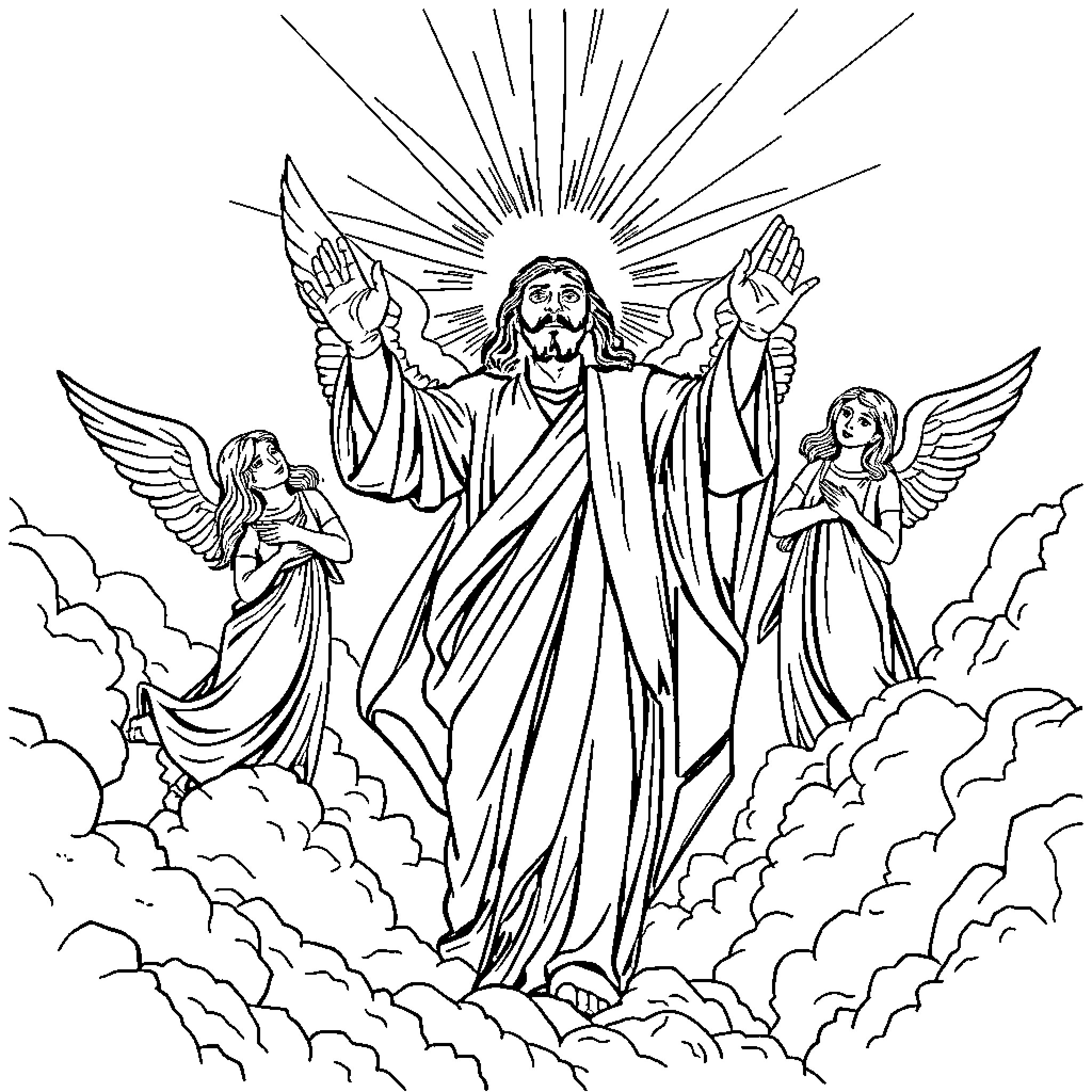 Jesus ascending to heaven surrounded by angels Coloring Page (free black-and-white line drawing printable PDF for all, from beginners to advanced learners, including children, teens, adults, and seniors)