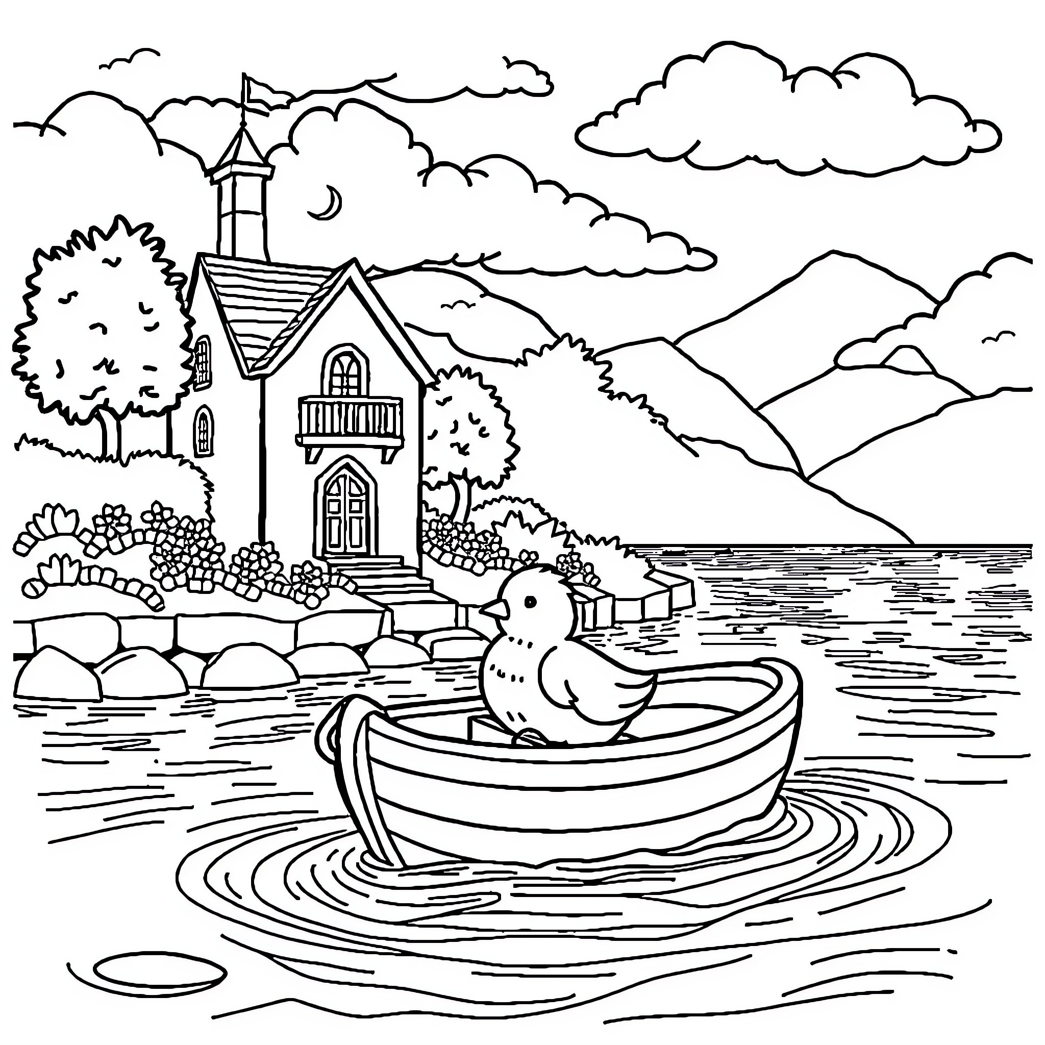 House by the Lake with a Boat and Waterfowl Coloring Page (free black-and-white line drawing printable PDF for all, from beginners to advanced learners, including children, teens, adults, and seniors)