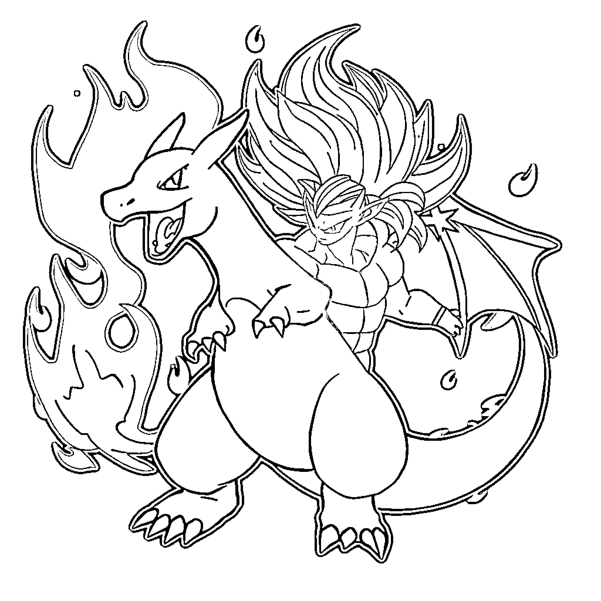 Charizard Fiery Dragon Unleashing Its Power Coloring Page (free black-and-white line drawing printable PDF for all, from beginners to advanced learners, including children, teens, adults, and seniors)