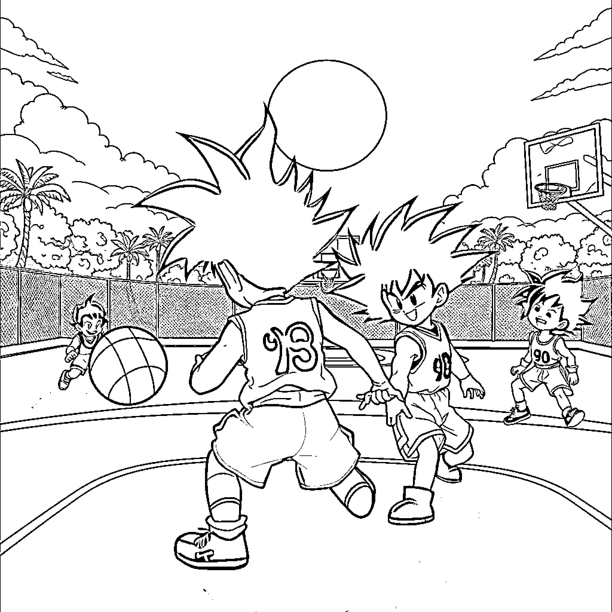 Dragonball characters playing basketball on the court Coloring Page (free black-and-white line drawing printable PDF for all, from beginners to advanced learners, including children, teens, adults, and seniors)