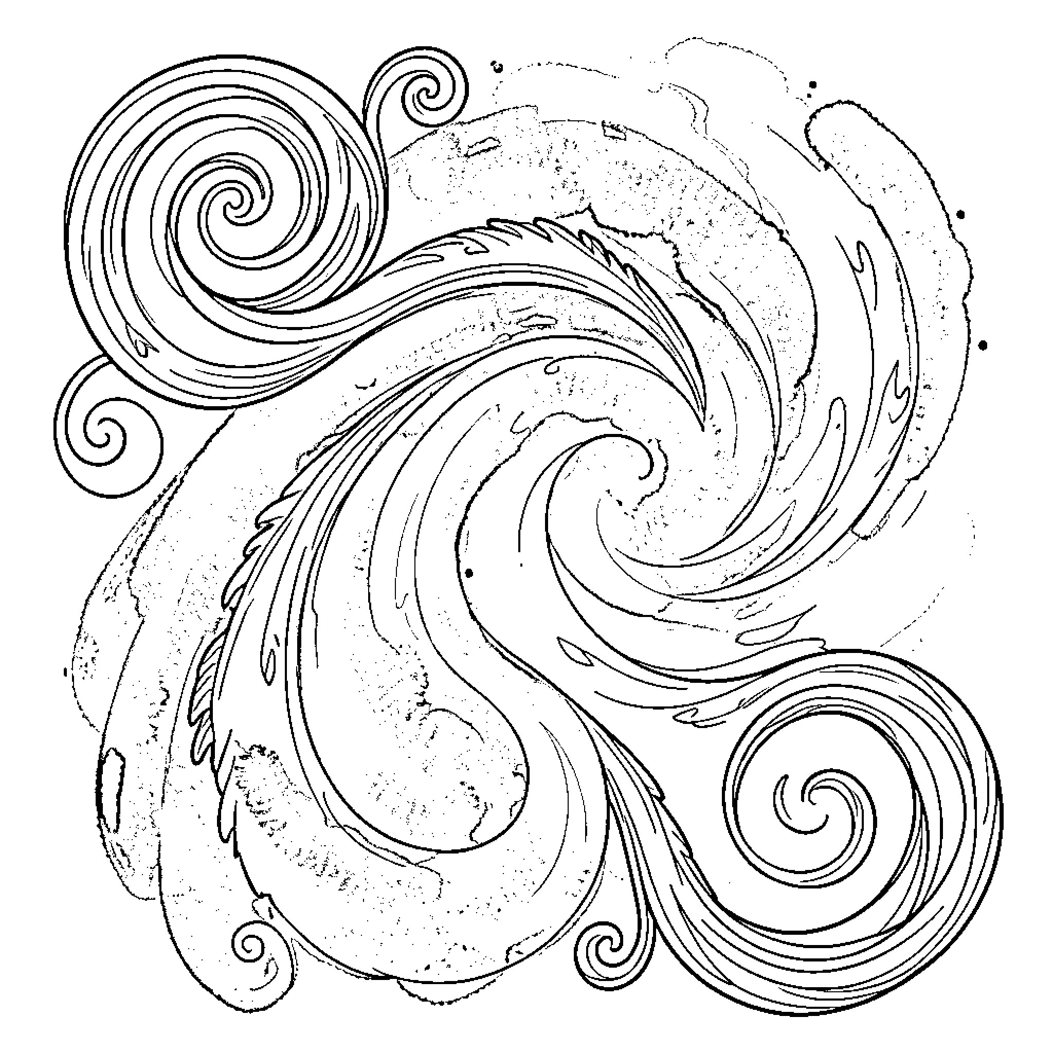 Aquarella: Intricate Swirling Patterns and Textures Coloring Page (free black-and-white line drawing printable PDF for all, from beginners to advanced learners, including children, teens, adults, and seniors)