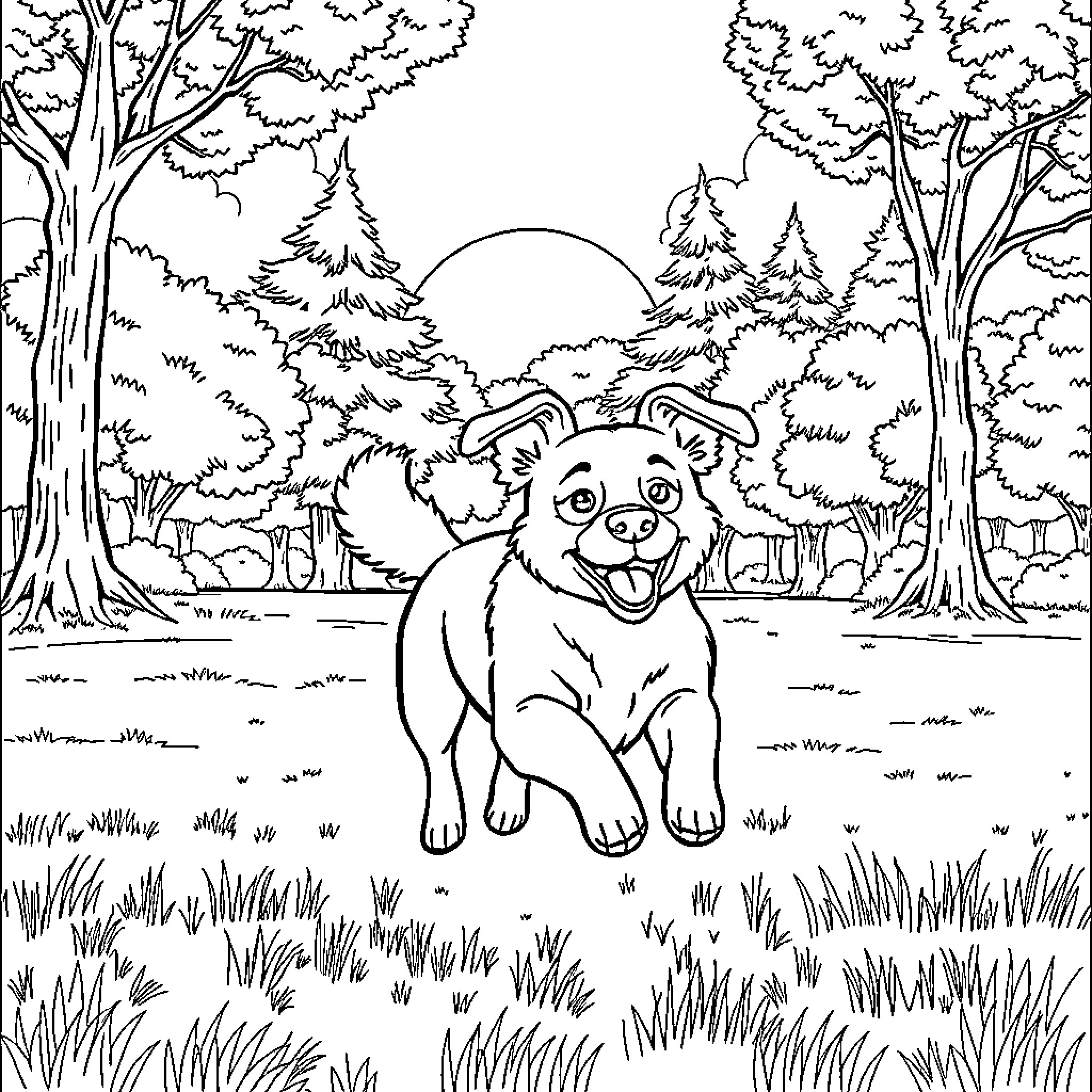 Dog exploring the peaceful forest Coloring Page (free black-and-white line drawing printable PDF for all, from beginners to advanced learners, including children, teens, adults, and seniors)