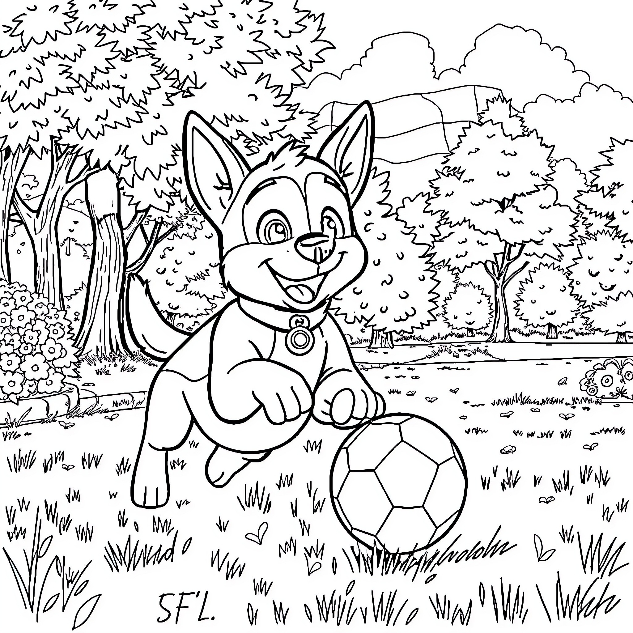 Chase the Happy Puppy's Outdoor Adventure Coloring Page (free black-and-white line drawing printable PDF for all, from beginners to advanced learners, including children, teens, adults, and seniors)