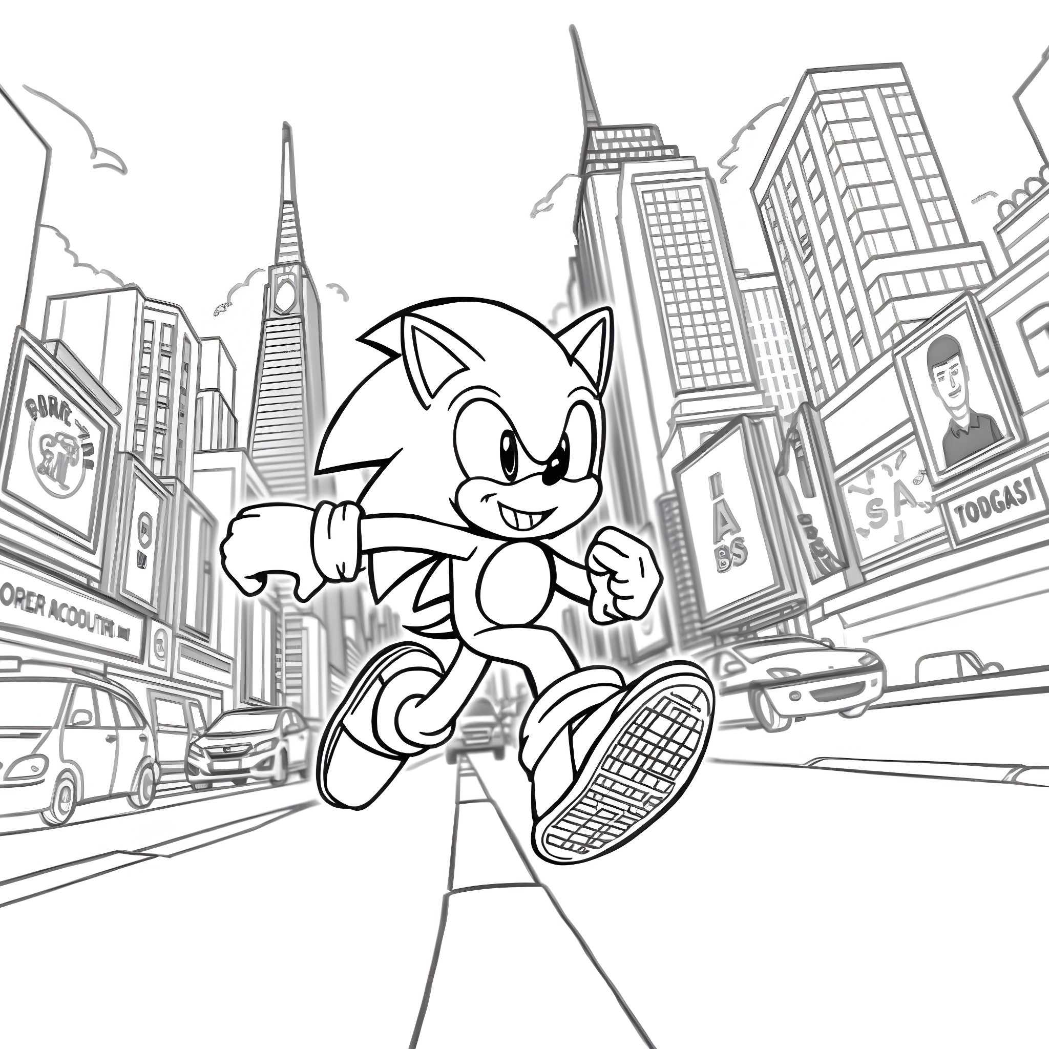 Sonic racing through the city Coloring Page (free black-and-white line drawing printable PDF for all, from beginners to advanced learners, including children, teens, adults, and seniors)