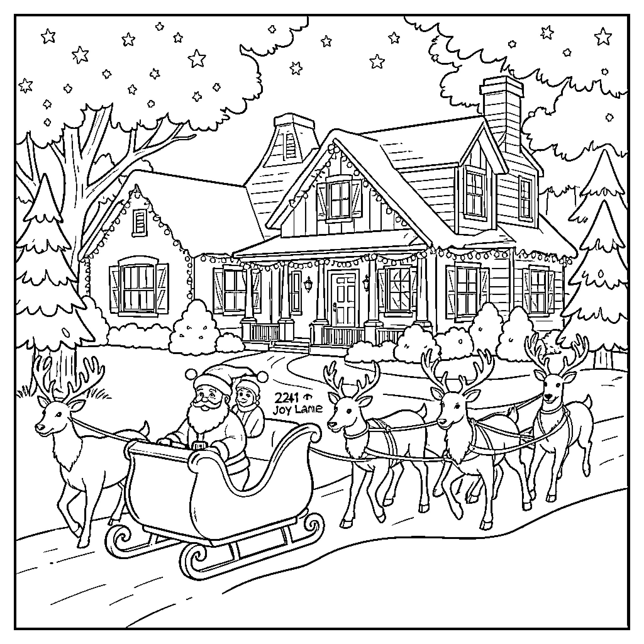 Santa riding sleigh with reindeer on snowy night Coloring Page (free black-and-white line drawing printable PDF for all, from beginners to advanced learners, including children, teens, adults, and seniors)