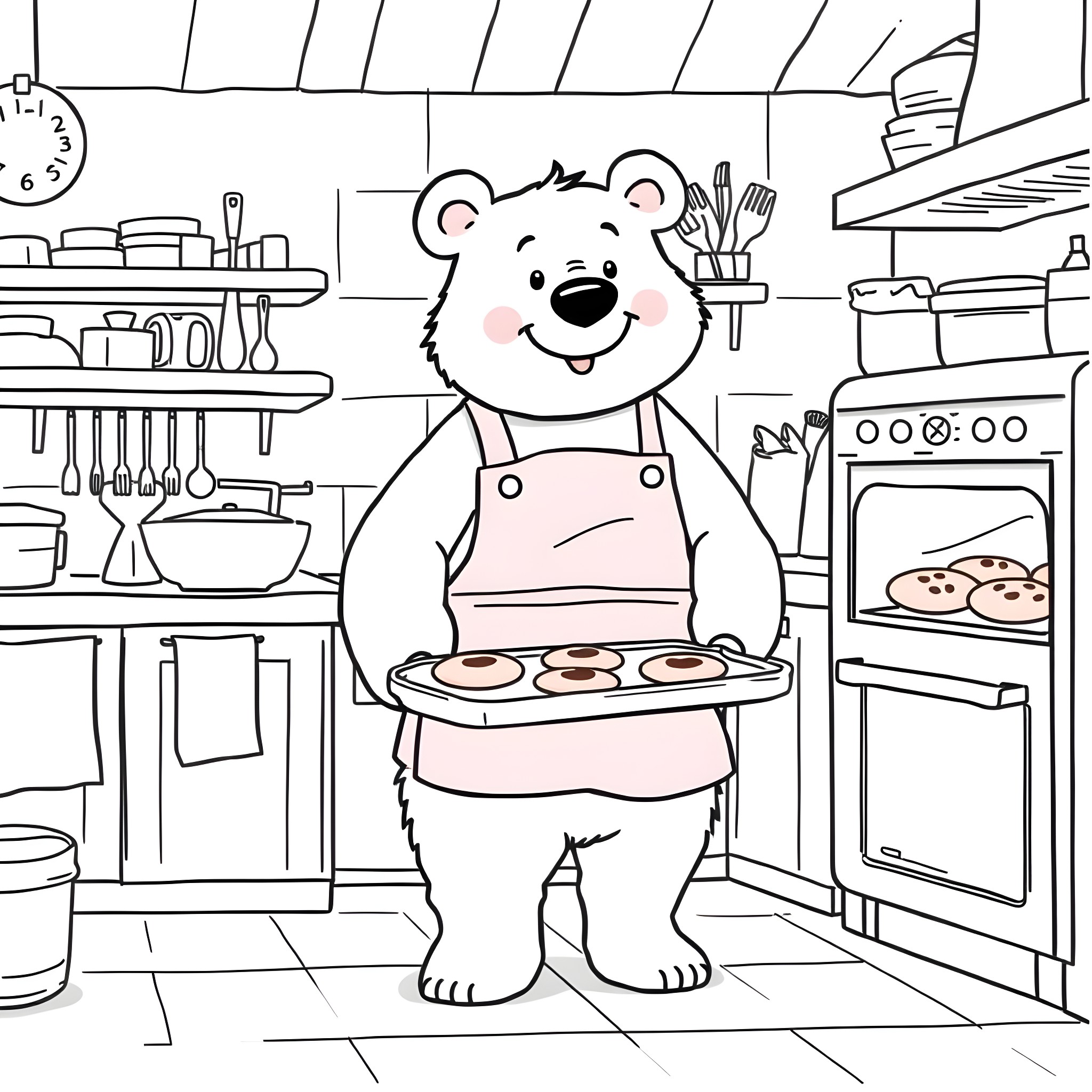 Bear Baking Cookies in a Cozy Kitchen Coloring Page (free black-and-white line drawing printable PDF for all, from beginners to advanced learners, including children, teens, adults, and seniors)