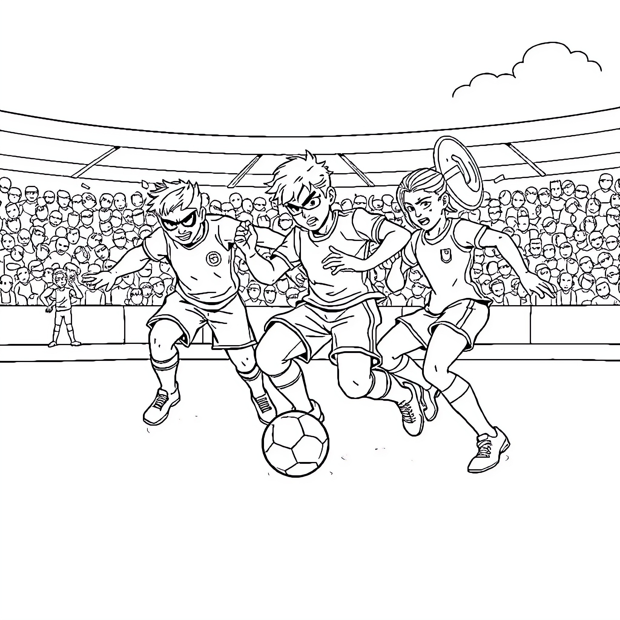 Stars playing soccer on the field Coloring Page (free black-and-white line drawing printable PDF for all, from beginners to advanced learners, including children, teens, adults, and seniors)