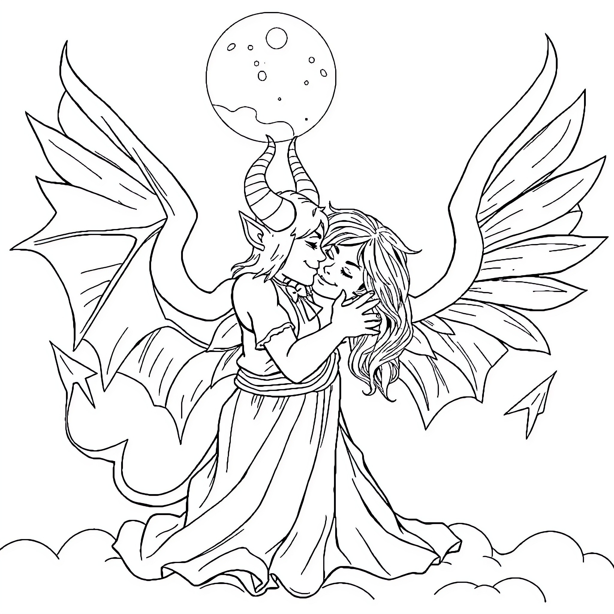 Devil's Celestial Embrace: A Mystical Encounter Coloring Page (free black-and-white line drawing printable PDF for all, from beginners to advanced learners, including children, teens, adults, and seniors)