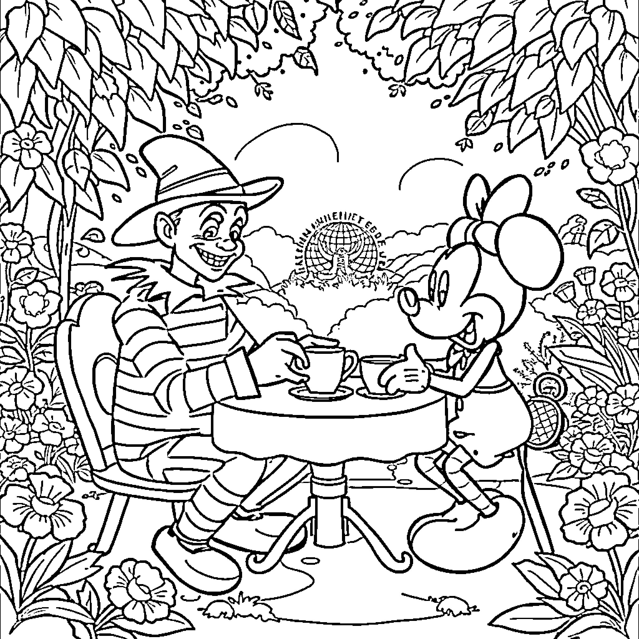 Freddy Krueger's Tea Party with Mickey Mouse in the Forest Coloring Page (free black-and-white line drawing printable PDF for all, from beginners to advanced learners, including children, teens, adults, and seniors)