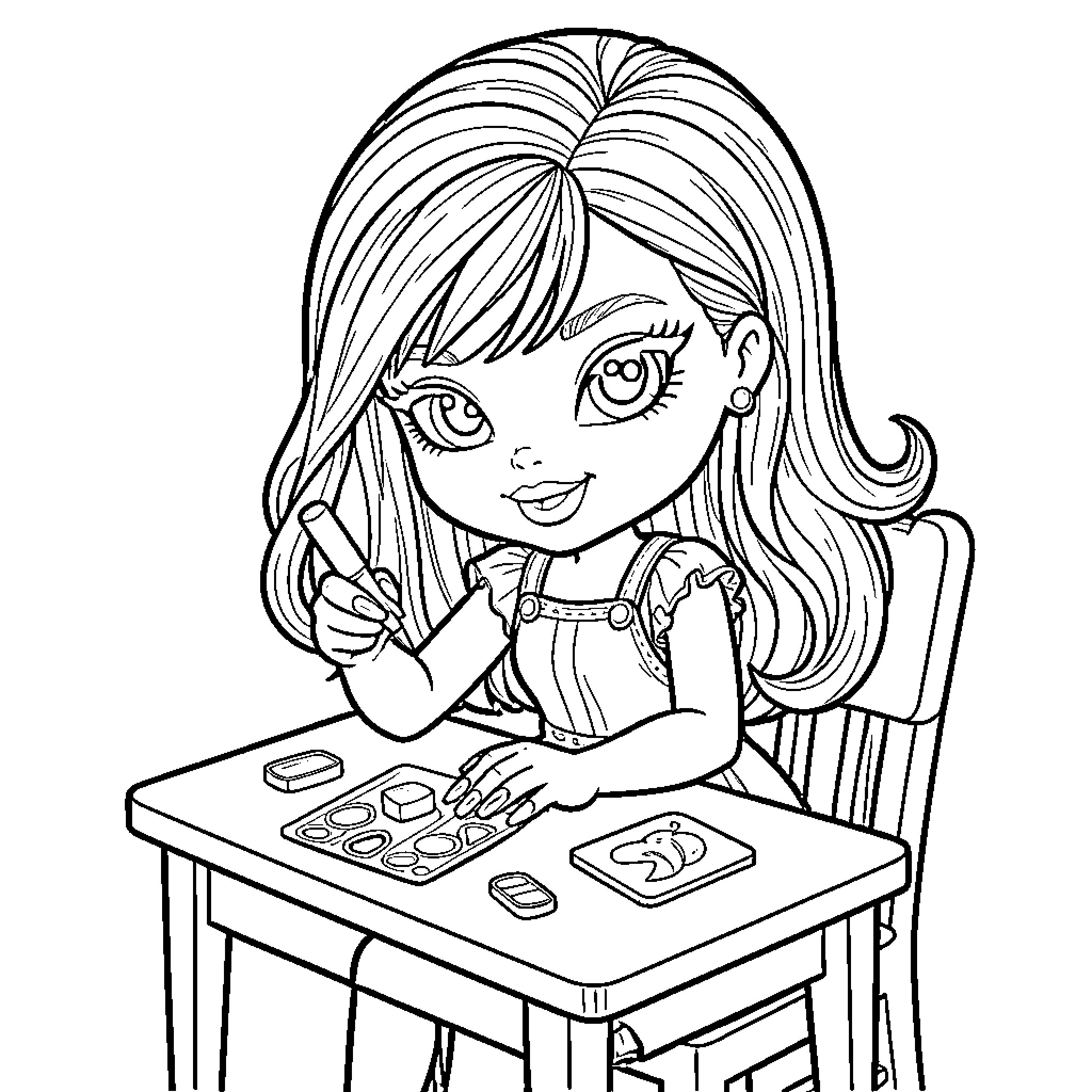 Bratz Doll Creating Colorful Artwork Coloring Page (free black-and-white line drawing printable PDF for all, from beginners to advanced learners, including children, teens, adults, and seniors)