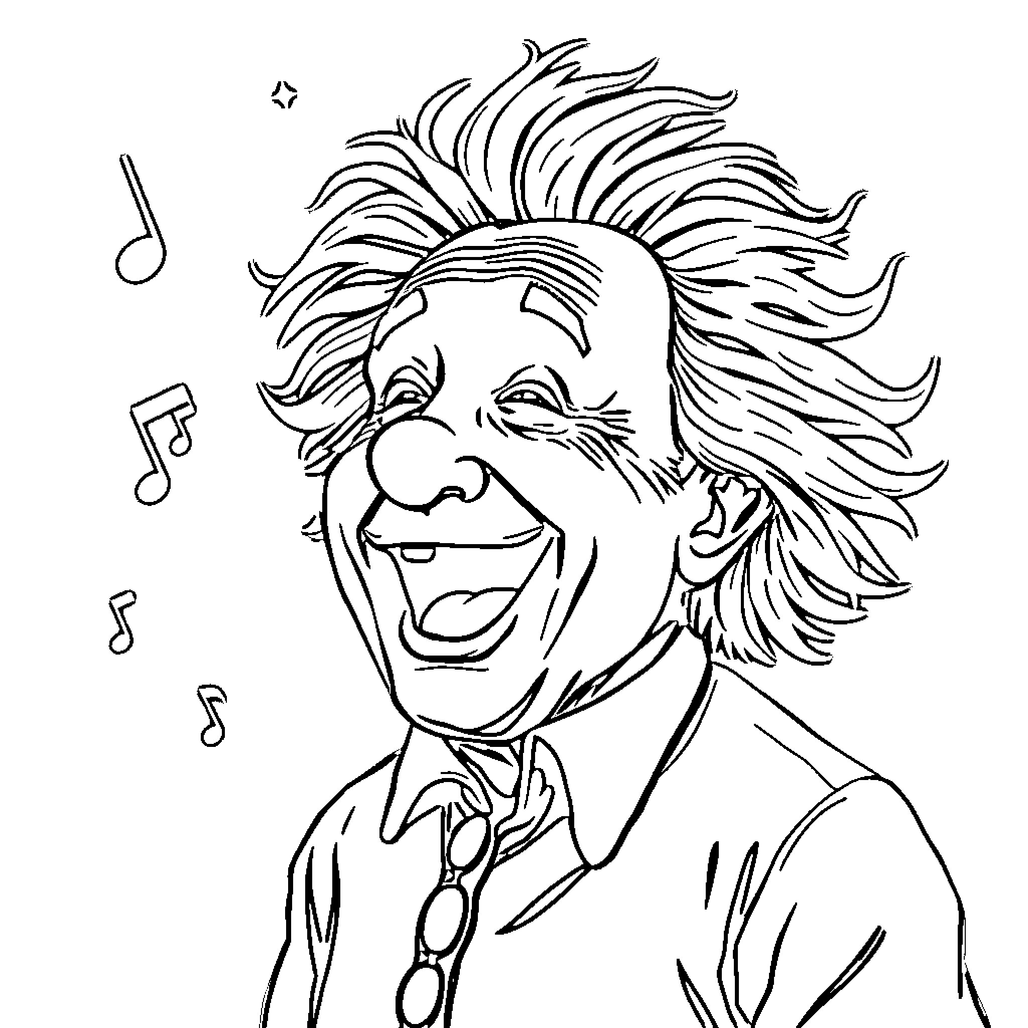 Einstein listening to music with messy hair Coloring Page (free black-and-white line drawing printable PDF for all, from beginners to advanced learners, including children, teens, adults, and seniors)