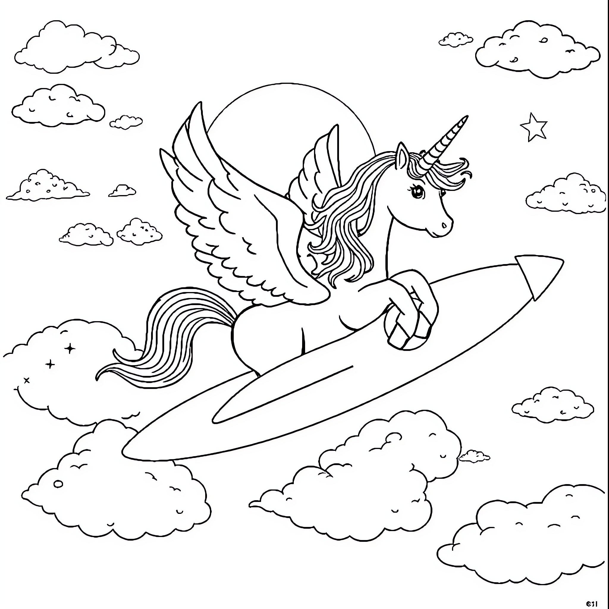 Unicorn soaring through the clouds on a surfboard Coloring Page (free black-and-white line drawing printable PDF for all, from beginners to advanced learners, including children, teens, adults, and seniors)