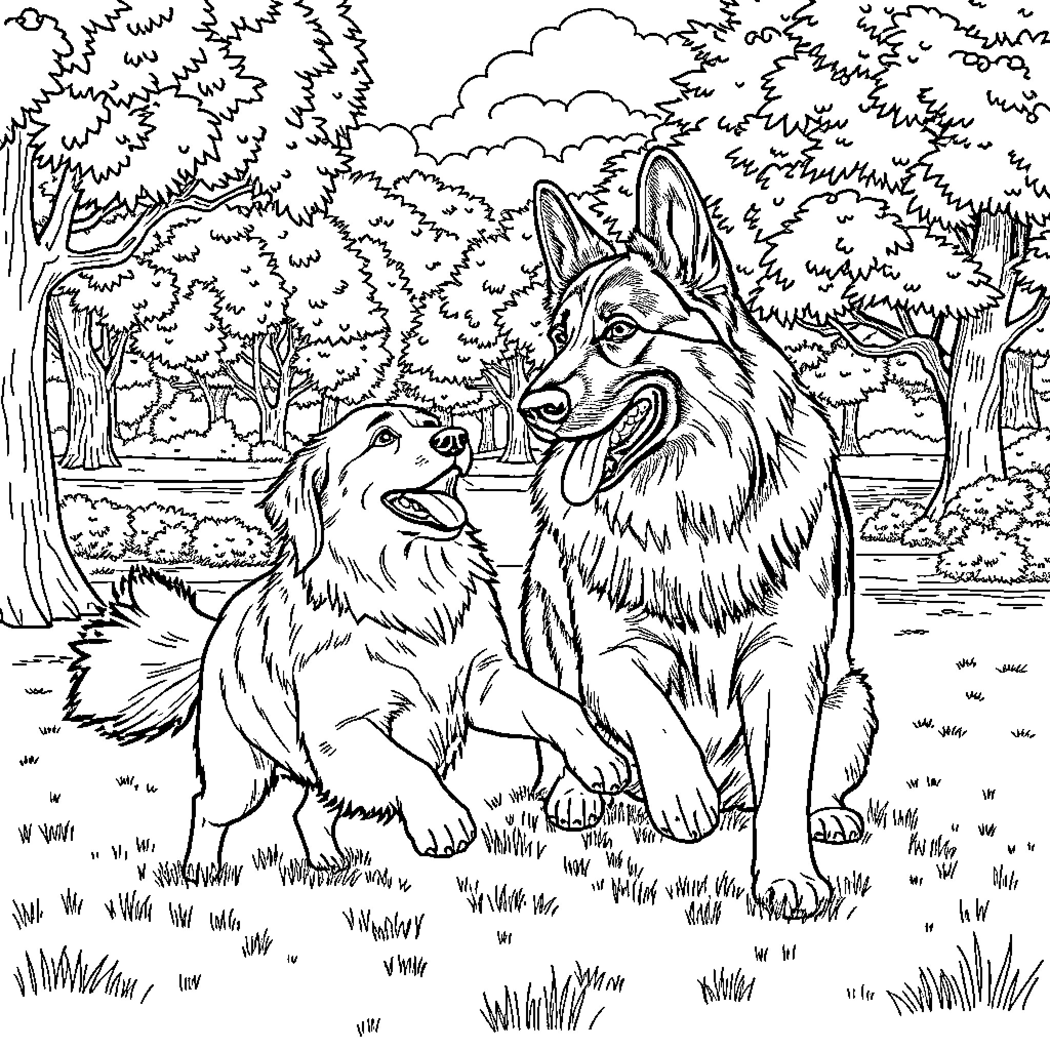 Dog companions in the forest Coloring Page (free black-and-white line drawing printable PDF for all, from beginners to advanced learners, including children, teens, adults, and seniors)