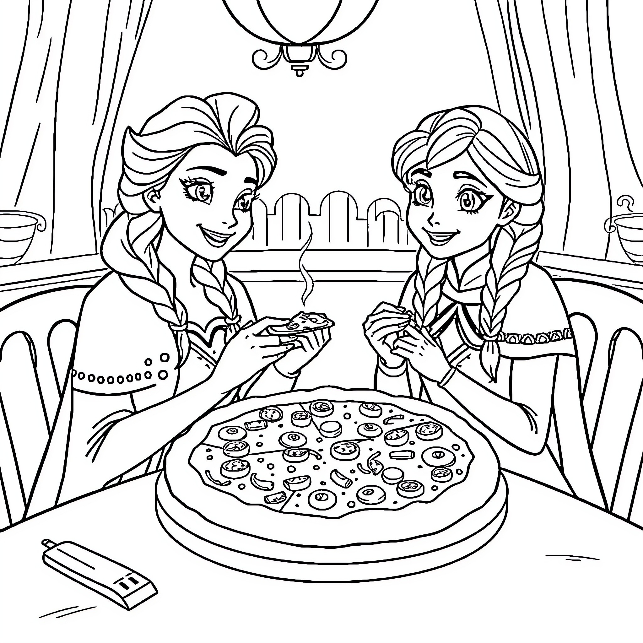 Elsa and Anna enjoying a pizza together Coloring Page (free black-and-white line drawing printable PDF for all, from beginners to advanced learners, including children, teens, adults, and seniors)