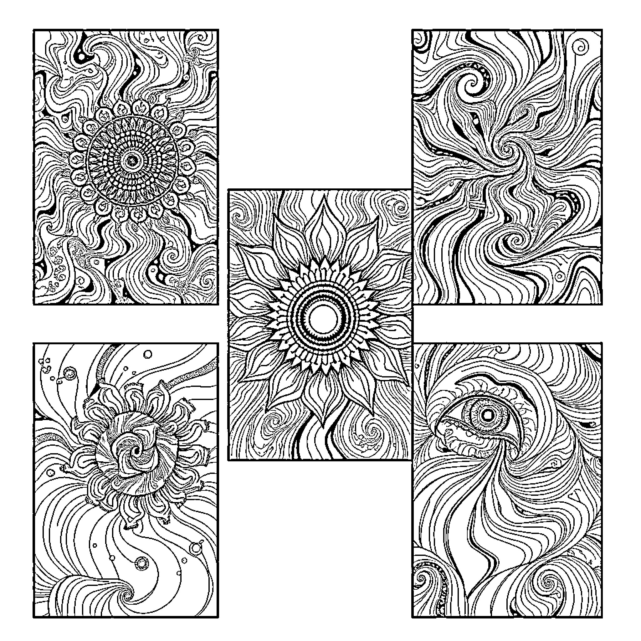 Psychedelic Floral and Swirling Patterns Coloring Page (free black-and-white line drawing printable PDF for all, from beginners to advanced learners, including children, teens, adults, and seniors)