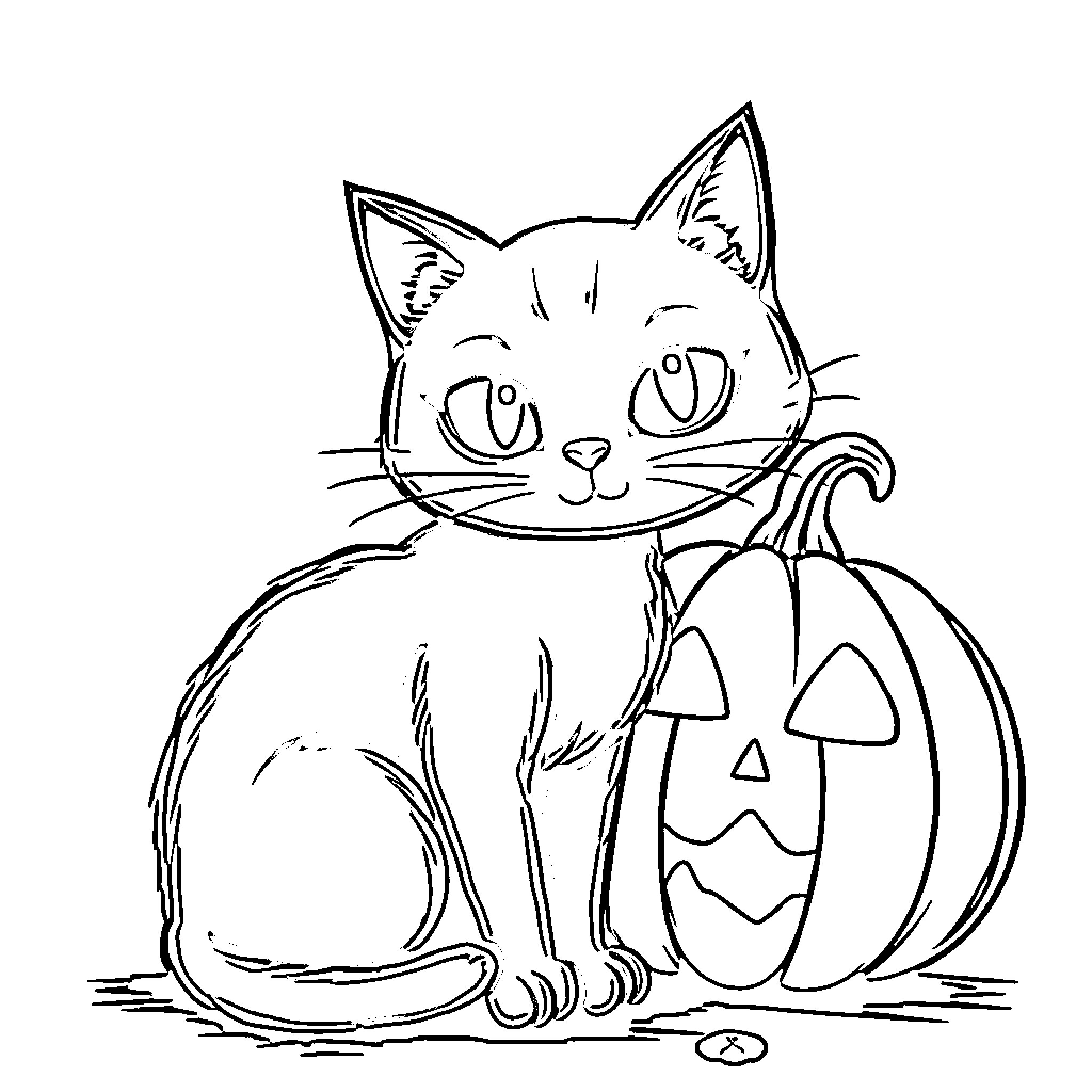 Cat posing with Halloween pumpkin Coloring Page (free black-and-white line drawing printable PDF for all, from beginners to advanced learners, including children, teens, adults, and seniors)