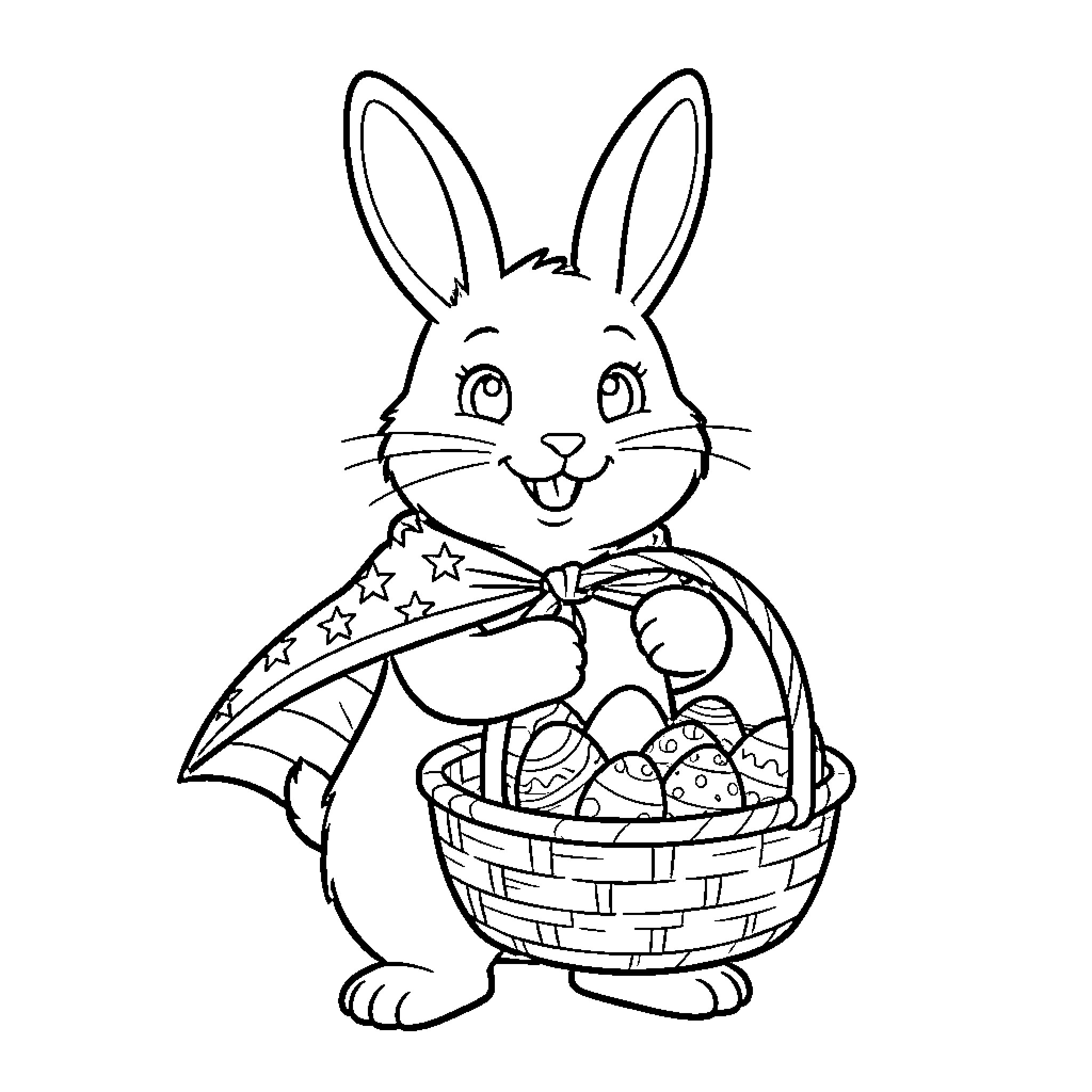 Bunny with Easter basket full of eggs Coloring Page (free black-and-white line drawing printable PDF for all, from beginners to advanced learners, including children, teens, adults, and seniors)