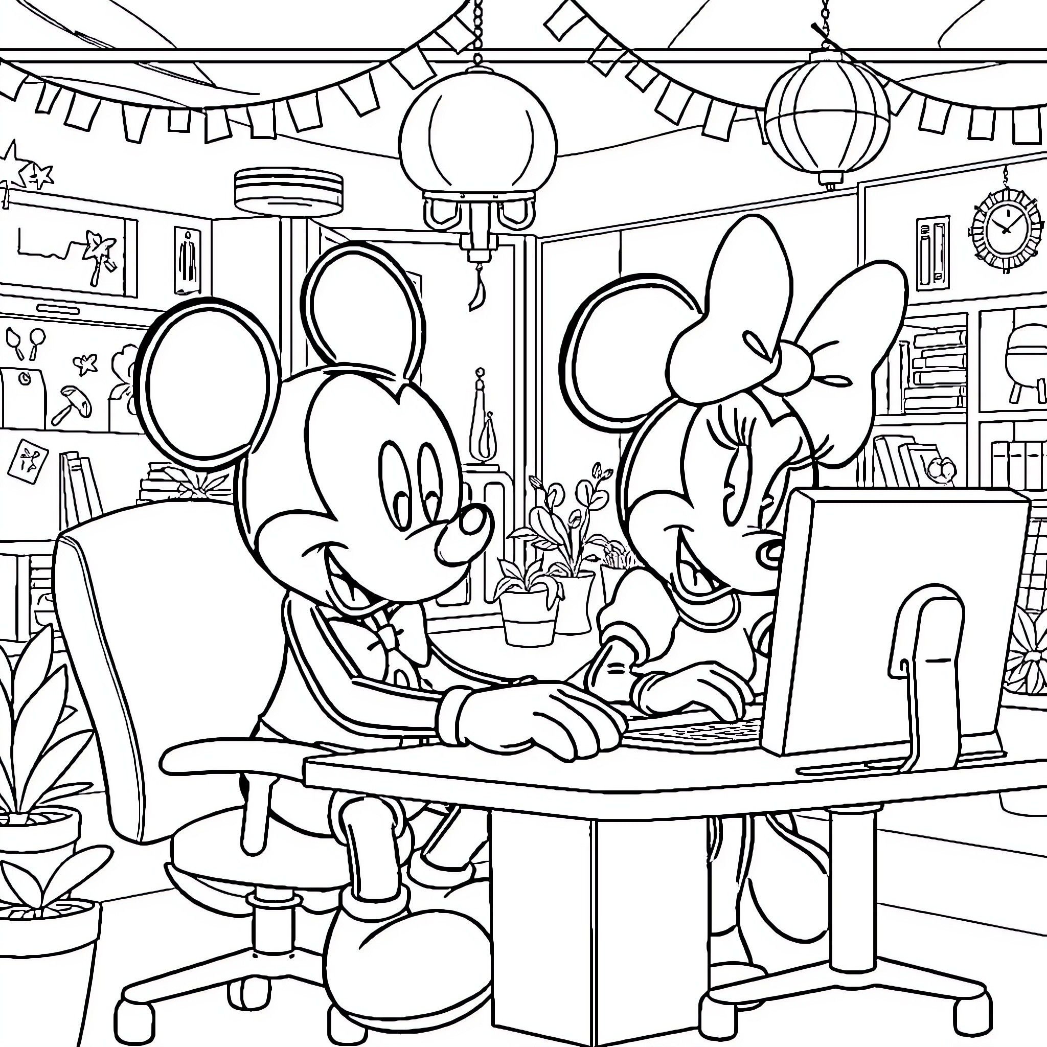 Mickey Mouse and Minnie Mouse Working Together at Home Coloring Page (free black-and-white line drawing printable PDF for all, from beginners to advanced learners, including children, teens, adults, and seniors)