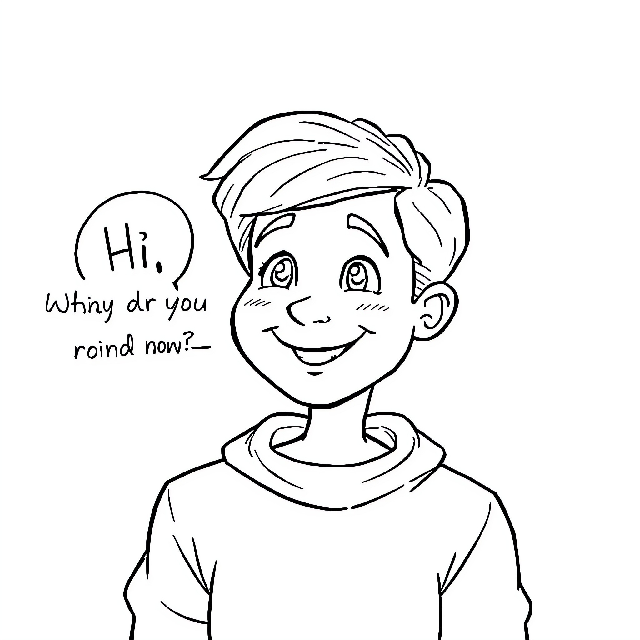 Greeting friendly young man with question Coloring Page (free black-and-white line drawing printable PDF for all, from beginners to advanced learners, including children, teens, adults, and seniors)