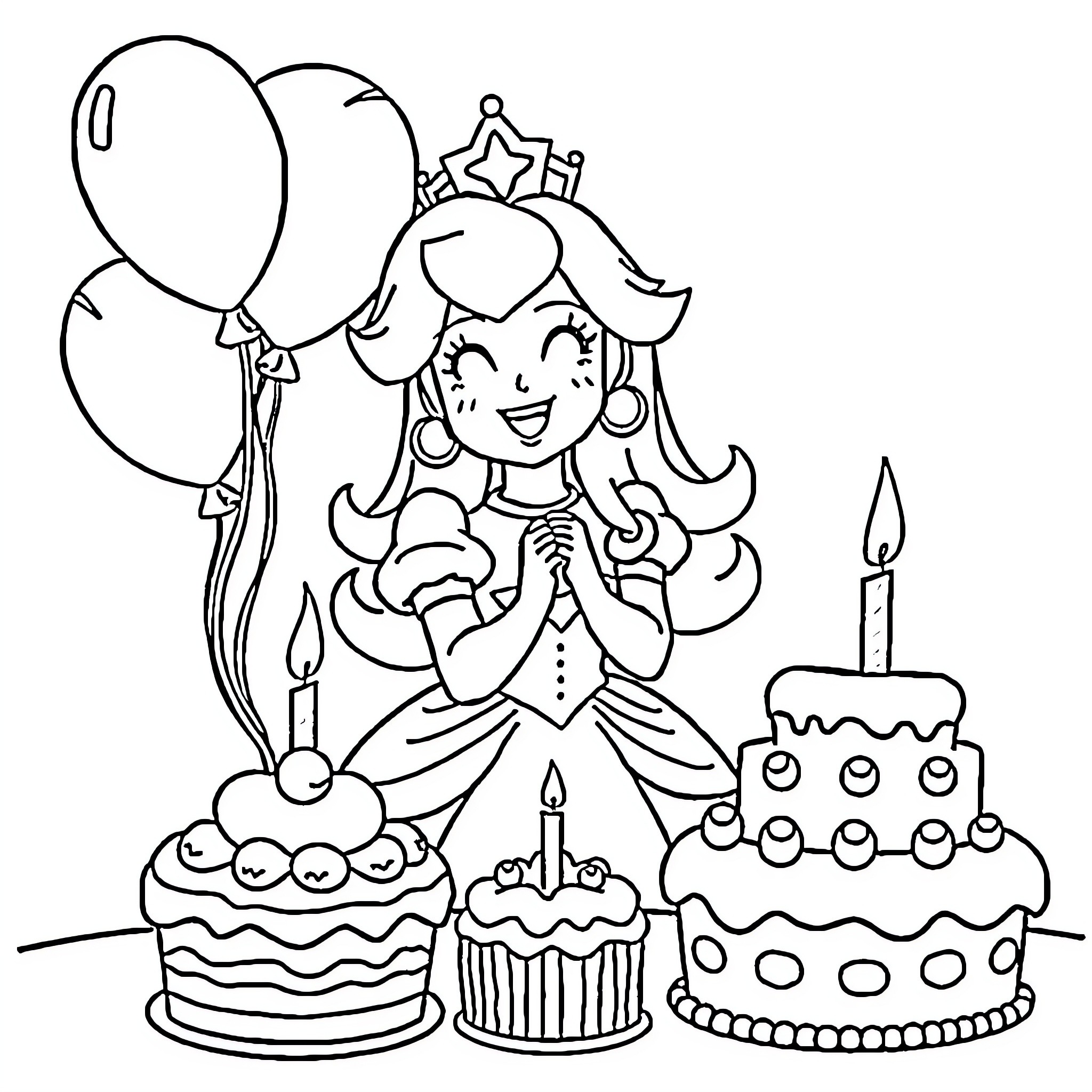 Princess celebrating with balloons and birthday cakes Coloring Page (free black-and-white line drawing printable PDF for all, from beginners to advanced learners, including children, teens, adults, and seniors)