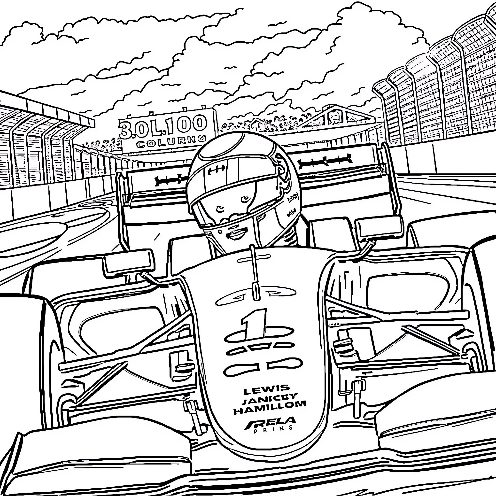 F1 Car racing on the track with racing gear Coloring Page (free black-and-white line drawing printable PDF for all, from beginners to advanced learners, including children, teens, adults, and seniors)