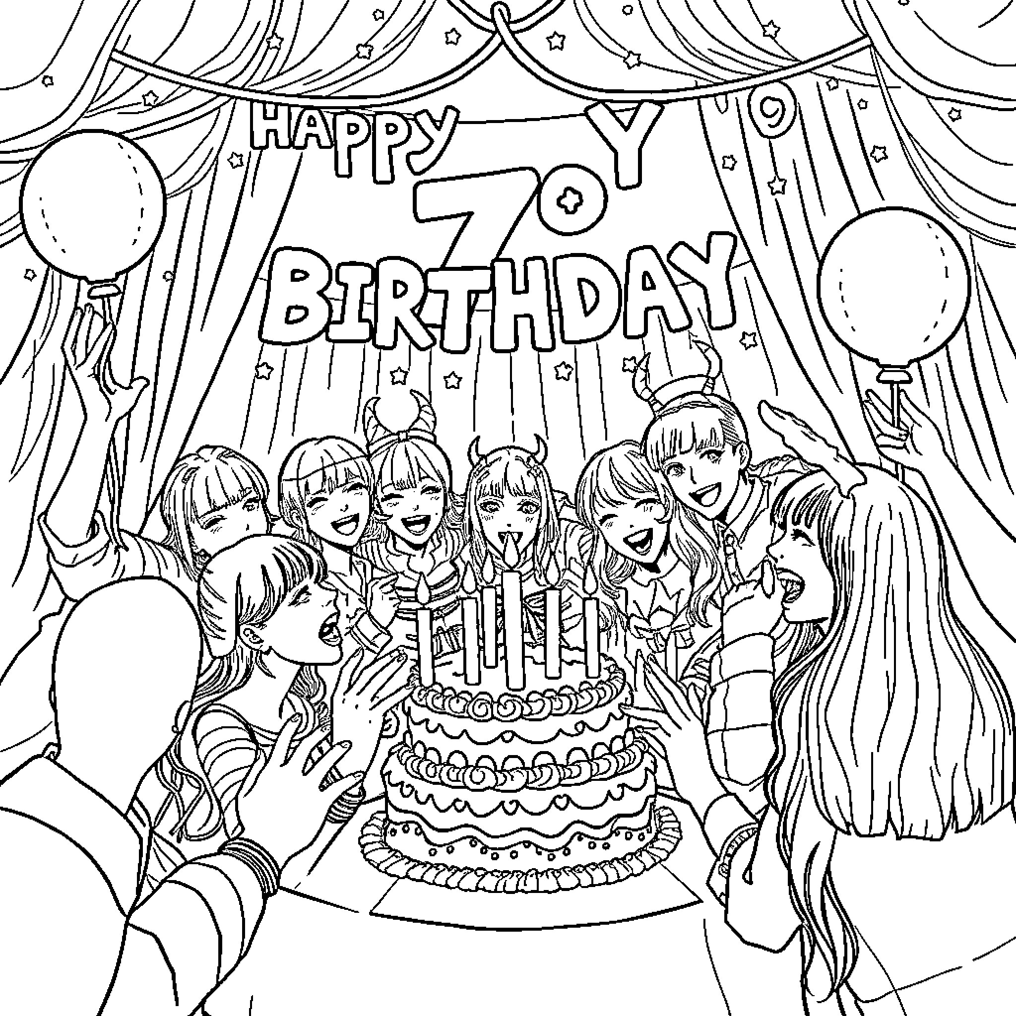 Kpop artists celebrate 70th birthday with a cake Coloring Page (free black-and-white line drawing printable PDF for all, from beginners to advanced learners, including children, teens, adults, and seniors)