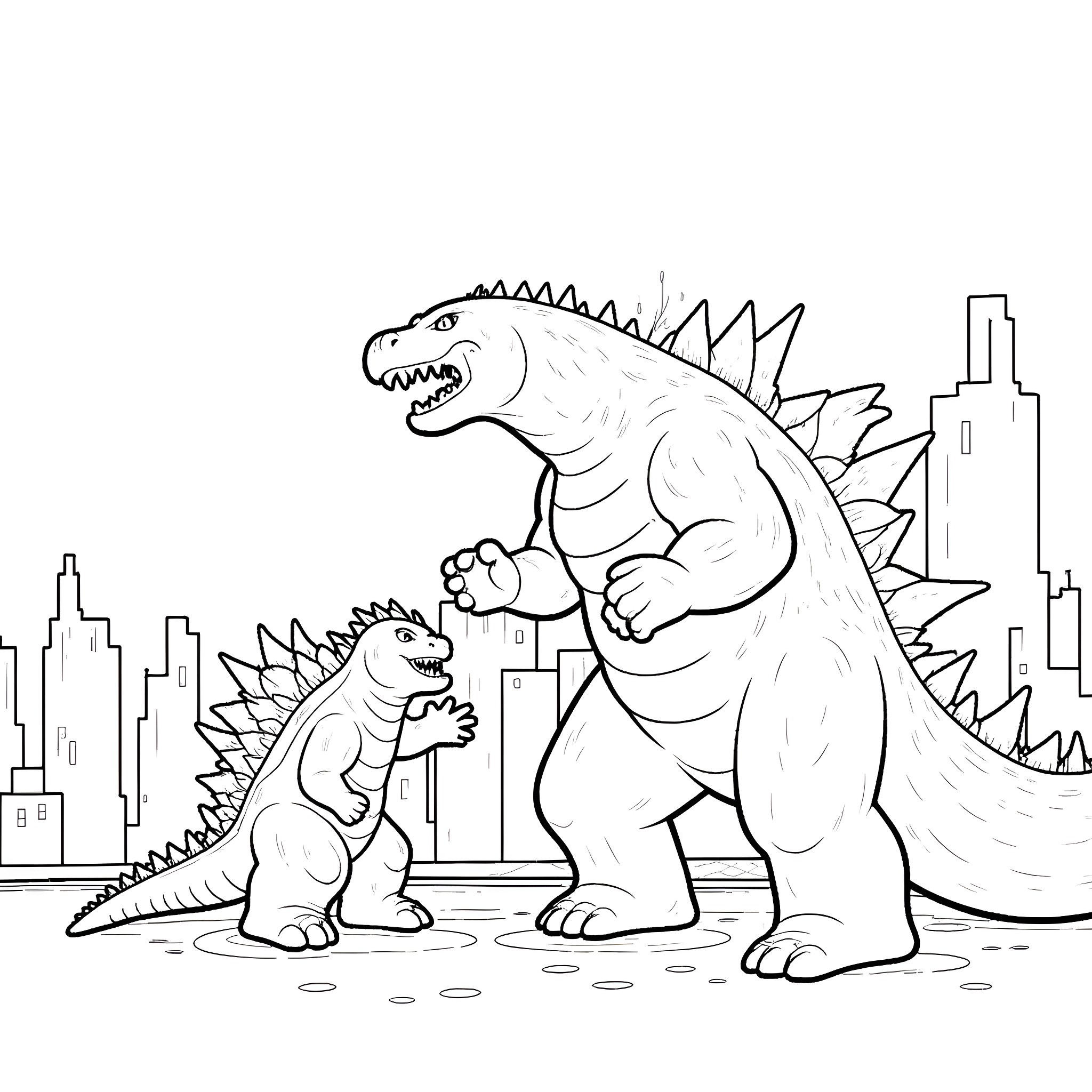 Godzilla and its baby in the city Coloring Page (free black-and-white line drawing printable PDF for all, from beginners to advanced learners, including children, teens, adults, and seniors)