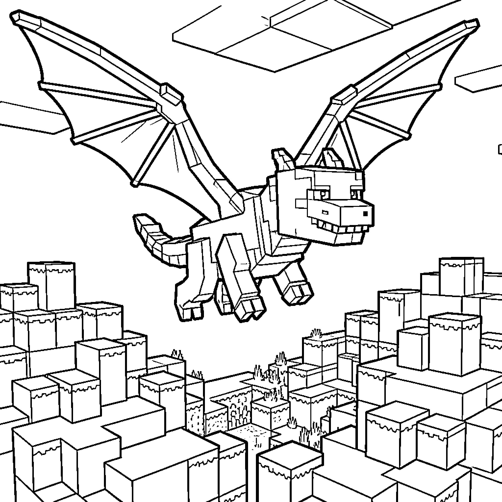 Dragon flying over a blocky landscape Coloring Page (free black-and-white line drawing printable PDF for all, from beginners to advanced learners, including children, teens, adults, and seniors)