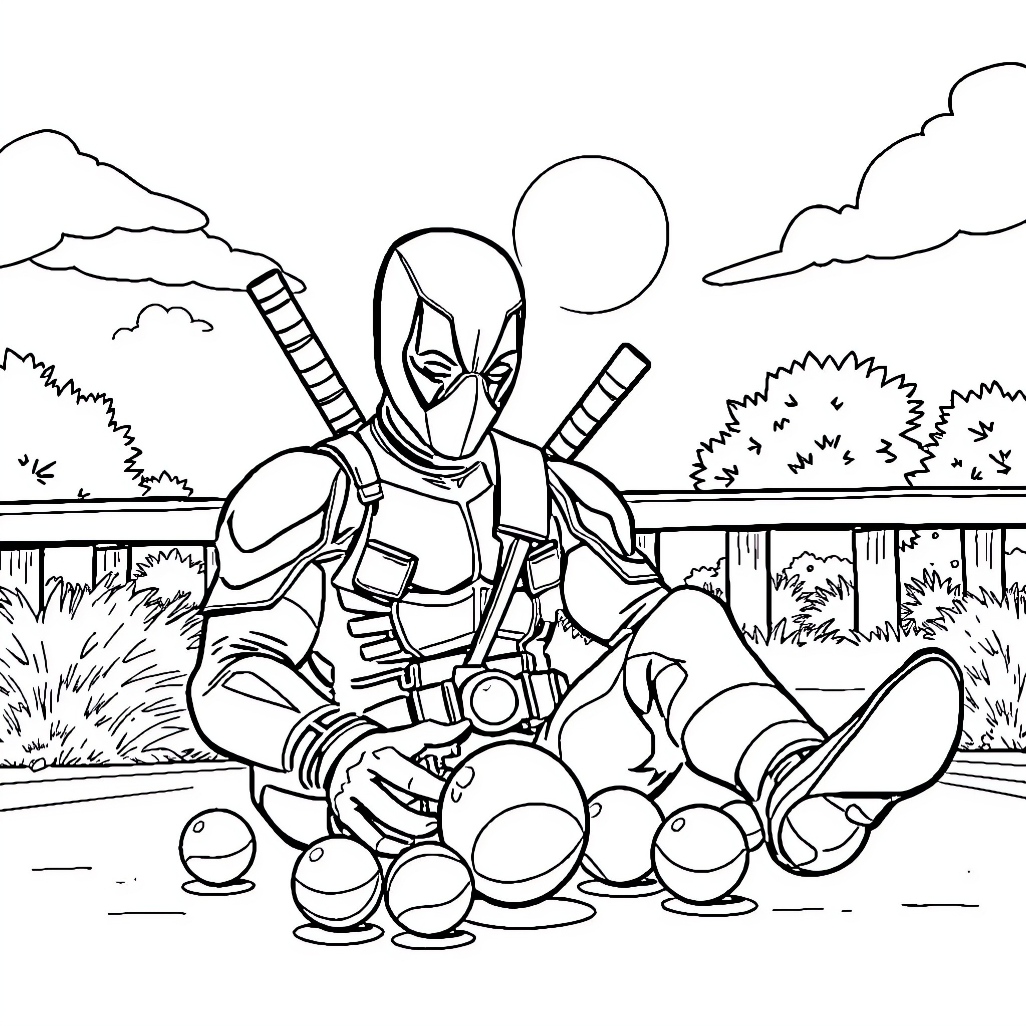 Deadpool playing with bombs and weapons in the park Coloring Page (free black-and-white line drawing printable PDF for all, from beginners to advanced learners, including children, teens, adults, and seniors)