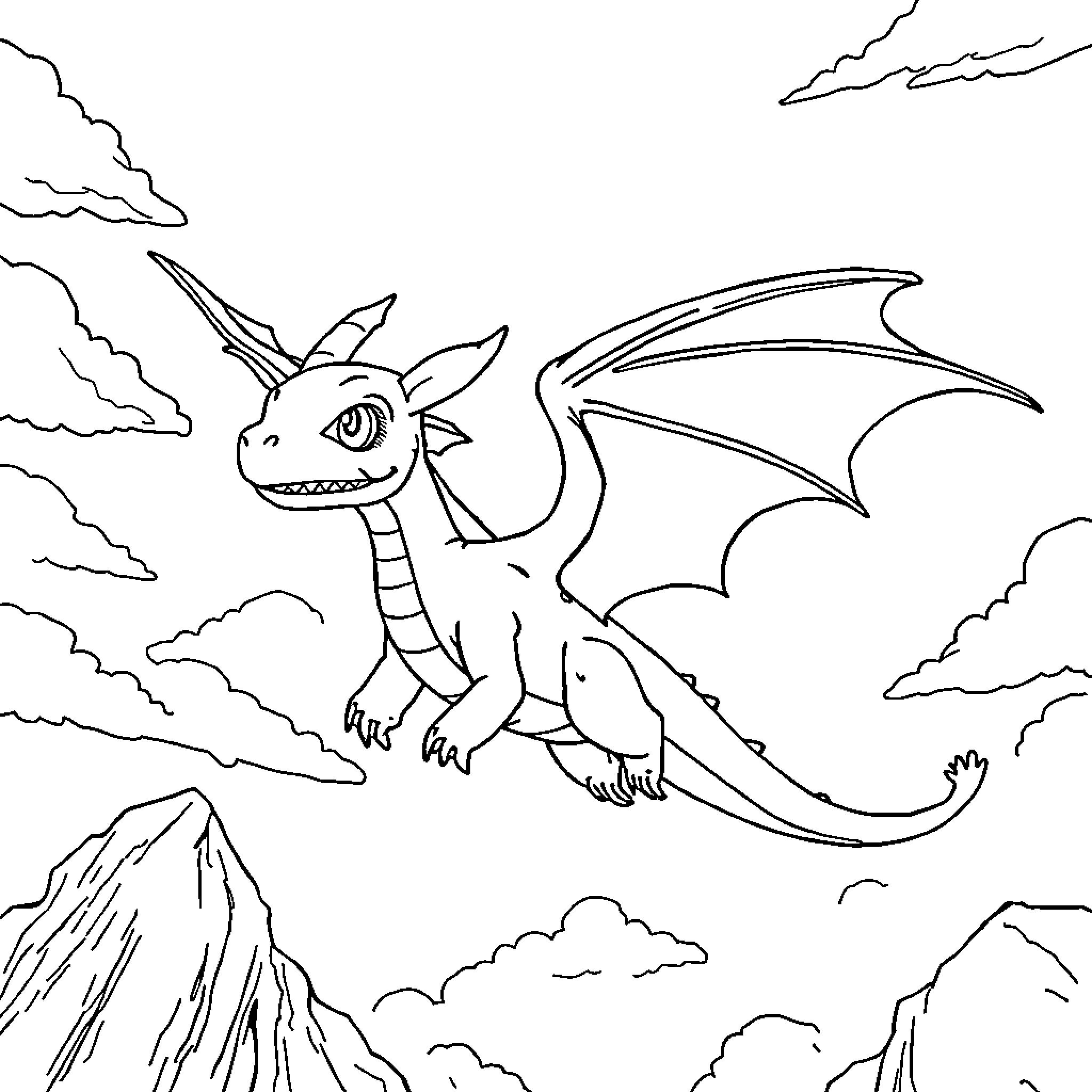 Dragon taking flight over rocky terrain Coloring Page (free black-and-white line drawing printable PDF for all, from beginners to advanced learners, including children, teens, adults, and seniors)