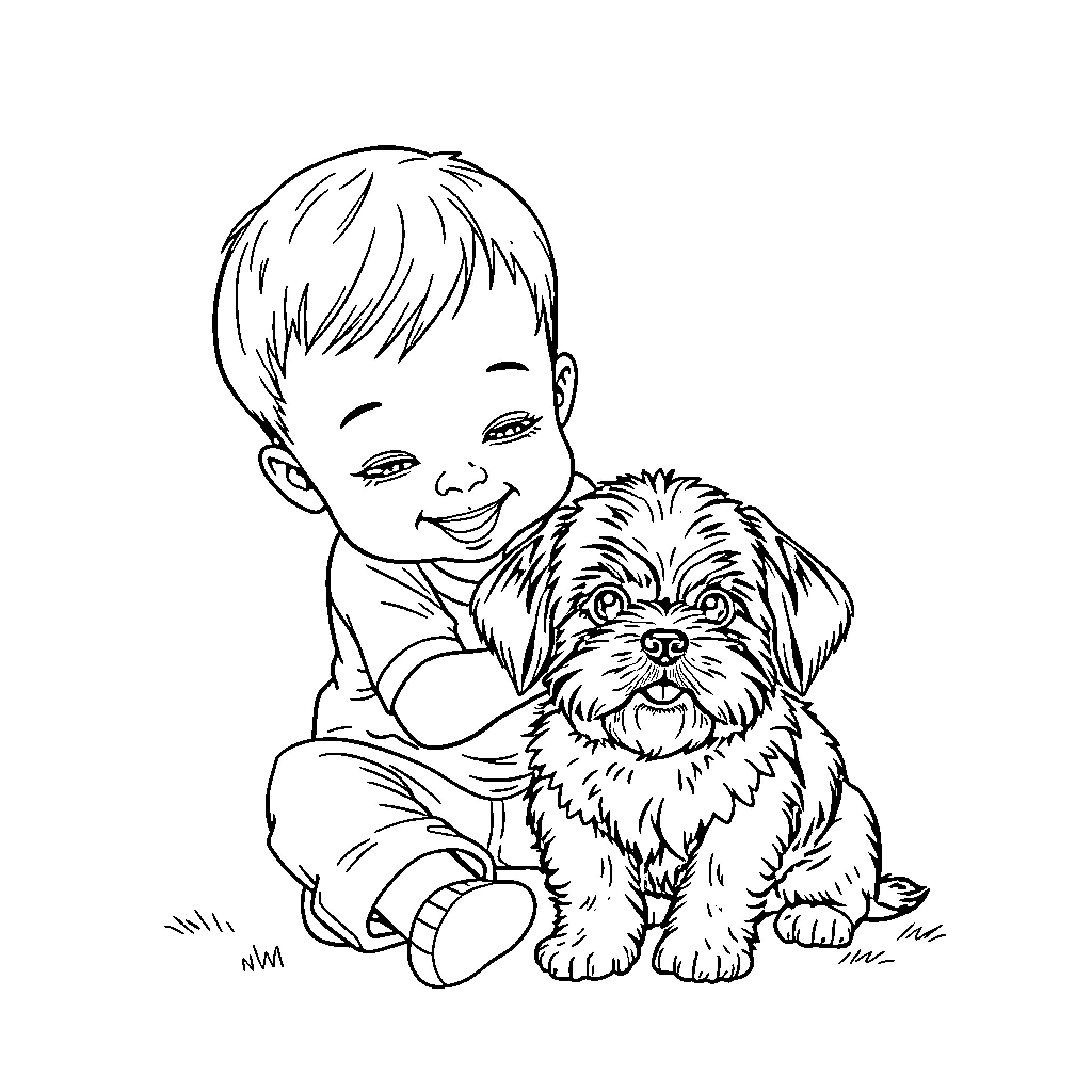 Boy playing happily with his pet dog Coloring Page (free black-and-white line drawing printable PDF for all, from beginners to advanced learners, including children, teens, adults, and seniors)
