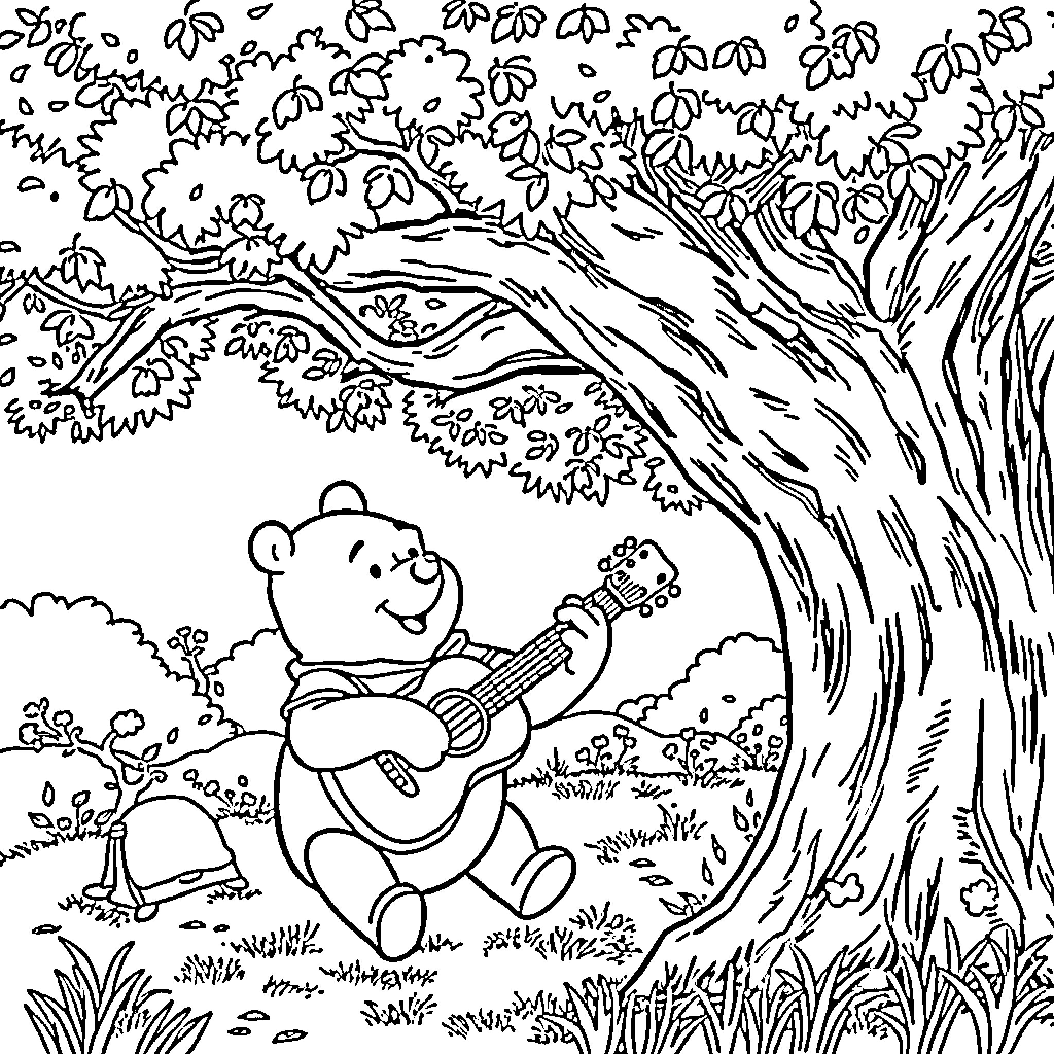 Winnie The Pooh playing guitar in the forest Coloring Page (free black-and-white line drawing printable PDF for all, from beginners to advanced learners, including children, teens, adults, and seniors)