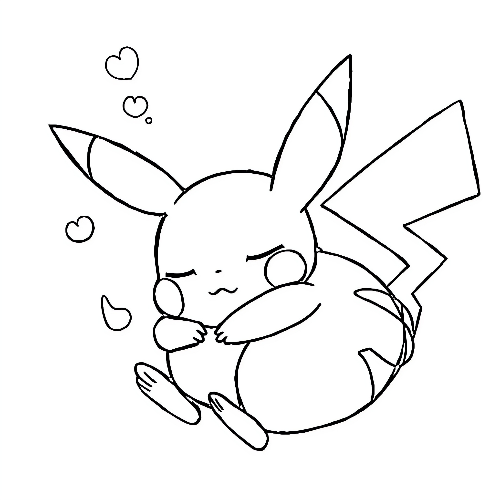 Pikachu hugging and smiling happily Coloring Page (free black-and-white line drawing printable PDF for all, from beginners to advanced learners, including children, teens, adults, and seniors)