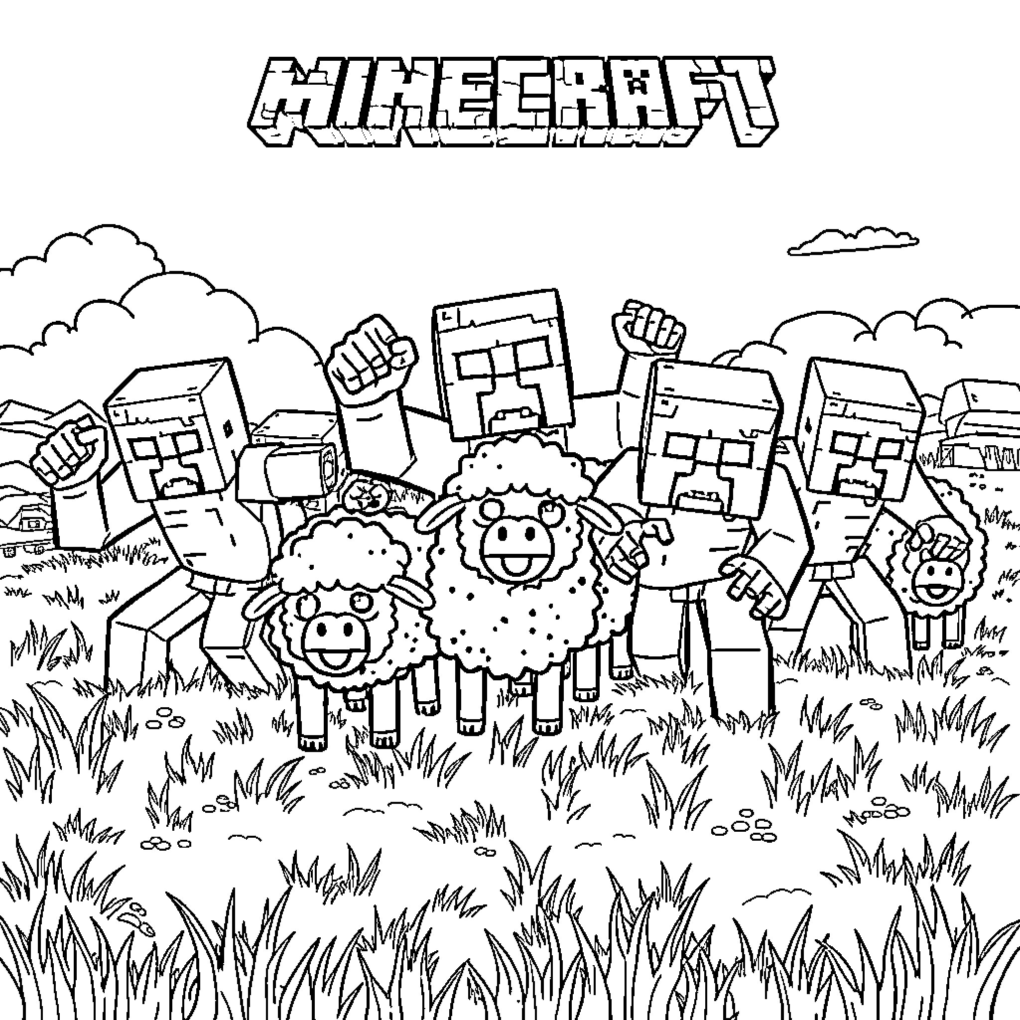 Zombie Minecraft characters in a grassland scene Coloring Page (free black-and-white line drawing printable PDF for all, from beginners to advanced learners, including children, teens, adults, and seniors)