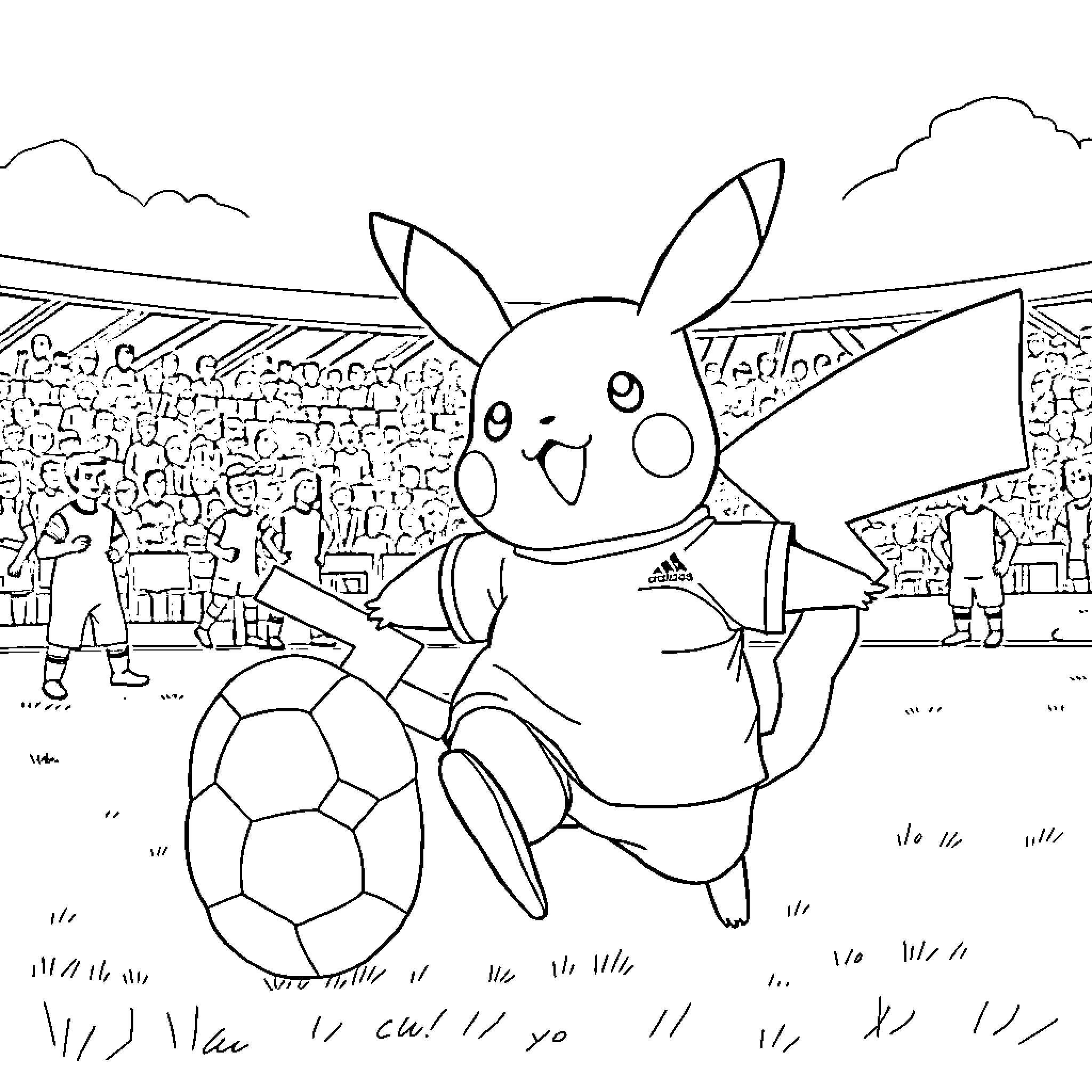 Pikachu playing soccer in a sports stadium Coloring Page (free black-and-white line drawing printable PDF for all, from beginners to advanced learners, including children, teens, adults, and seniors)