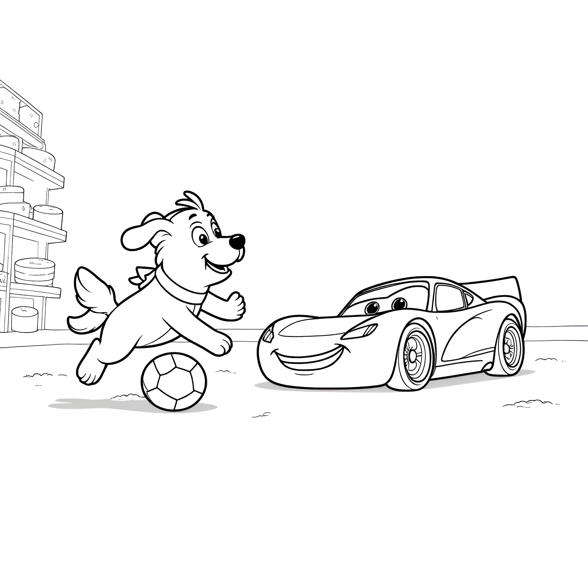 Bluey playing soccer with a car friend Coloring Page (free black-and-white line drawing printable PDF for all, from beginners to advanced learners, including children, teens, adults, and seniors)