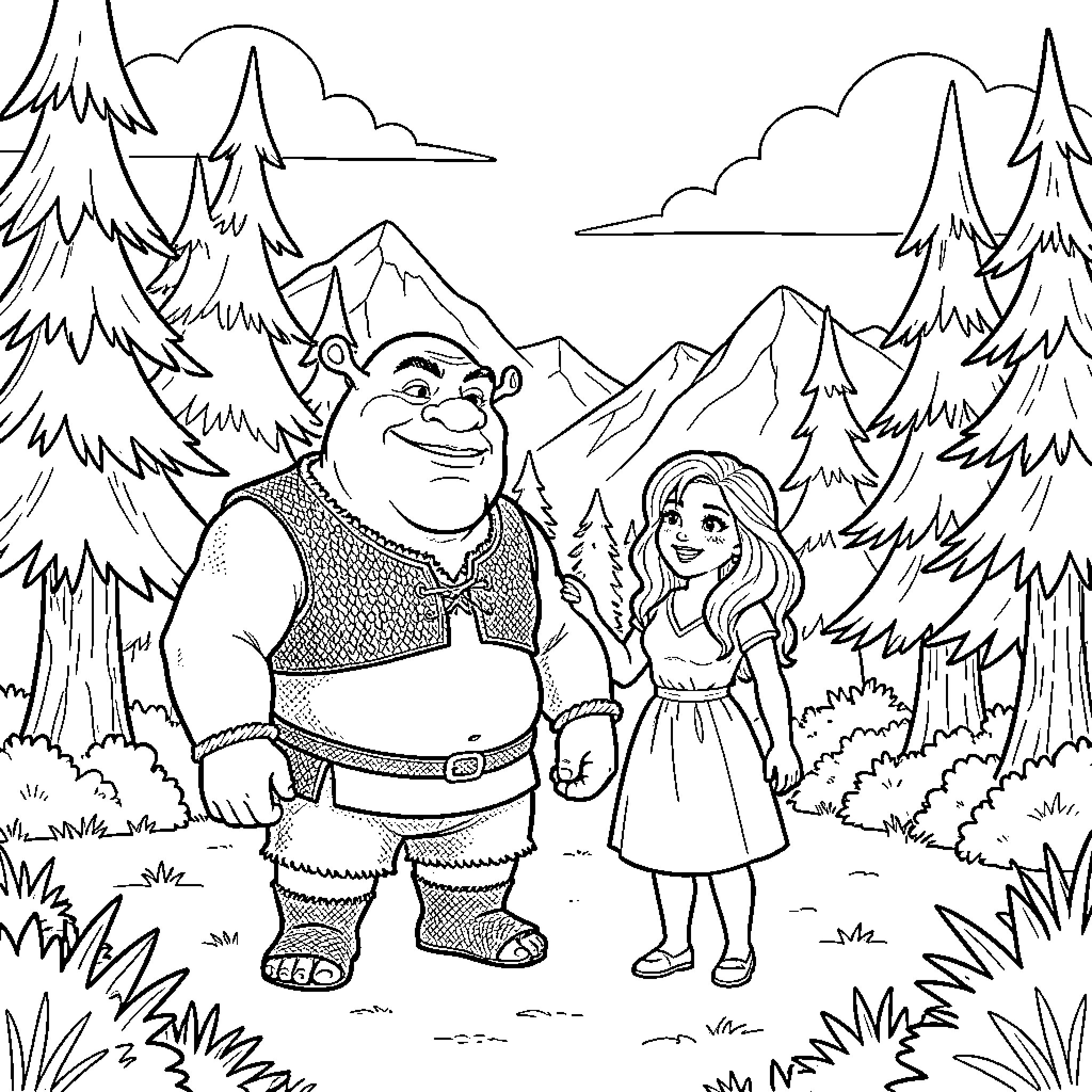 Shrek and a young girl walking through the forest Coloring Page (free black-and-white line drawing printable PDF for all, from beginners to advanced learners, including children, teens, adults, and seniors)