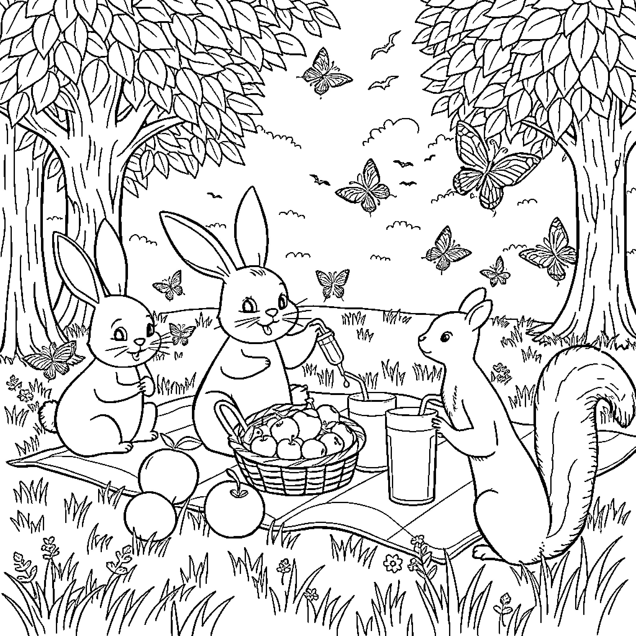 Rabbit Picnicking in the Enchanted Forest Coloring Page (free black-and-white line drawing printable PDF for all, from beginners to advanced learners, including children, teens, adults, and seniors)