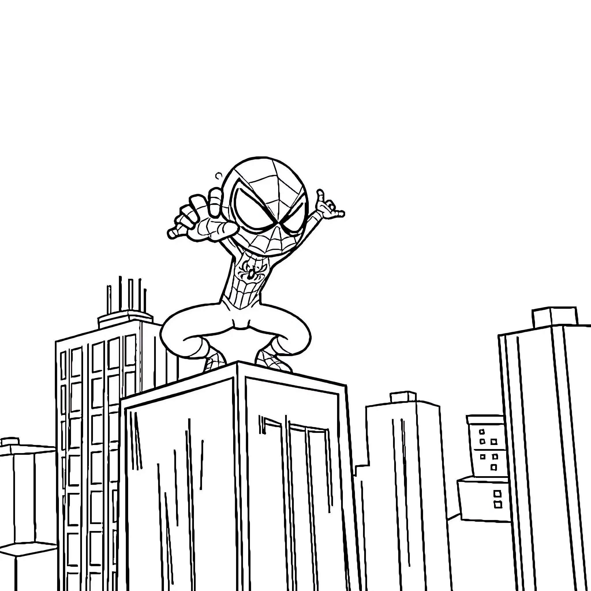 Spiderman swinging through the city skyline Coloring Page (free black-and-white line drawing printable PDF for all, from beginners to advanced learners, including children, teens, adults, and seniors)