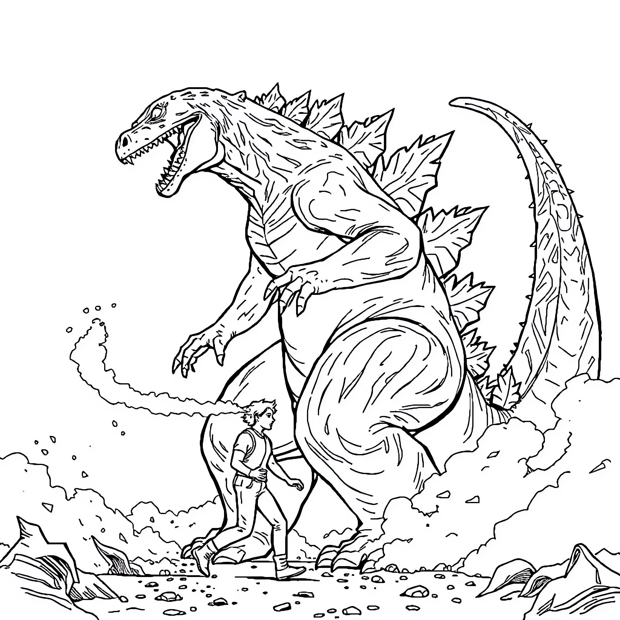 Godzilla attacks heroic human in dramatic scene Coloring Page (free black-and-white line drawing printable PDF for all, from beginners to advanced learners, including children, teens, adults, and seniors)