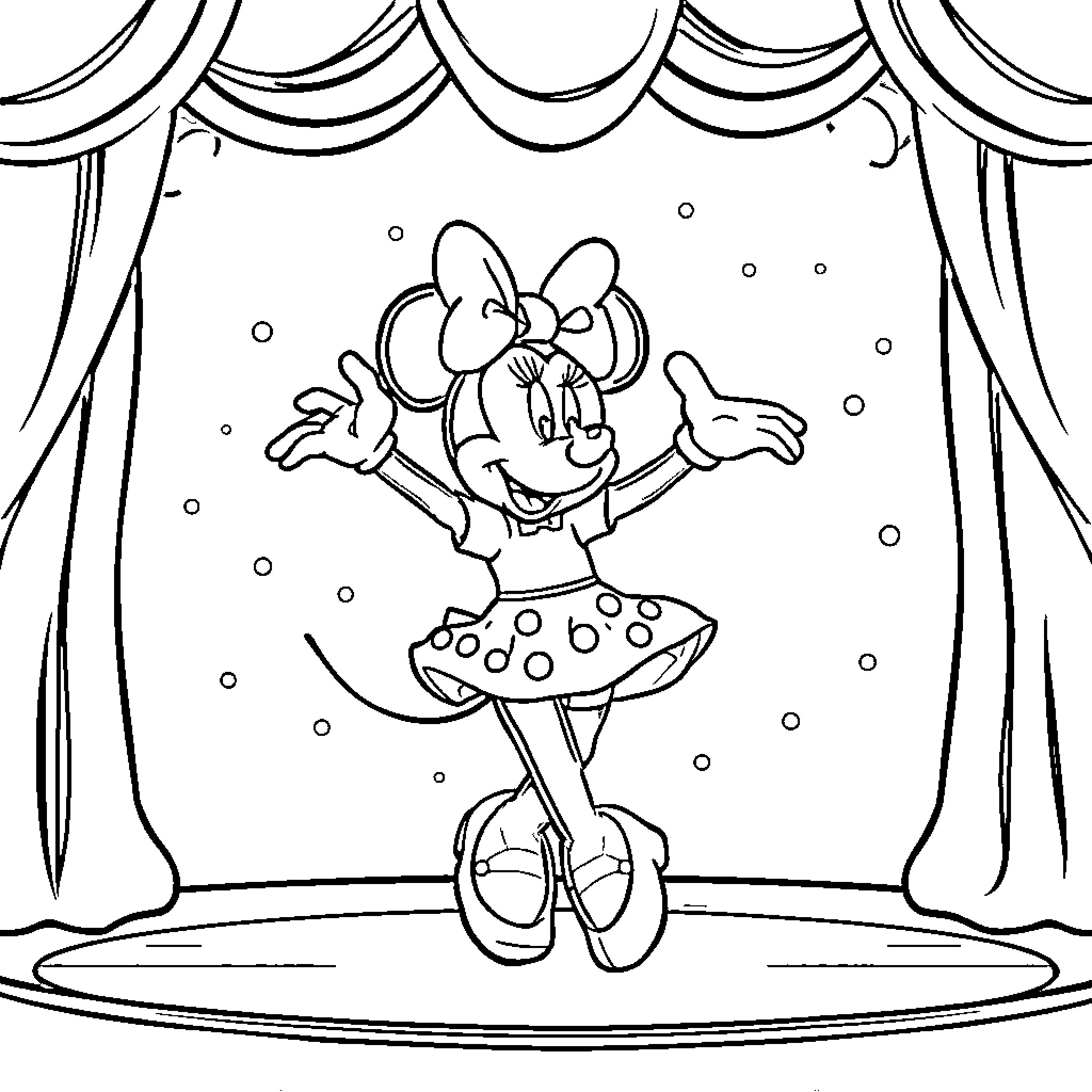 Minnie performing on stage with joy and excitement Coloring Page (free black-and-white line drawing printable PDF for all, from beginners to advanced learners, including children, teens, adults, and seniors)