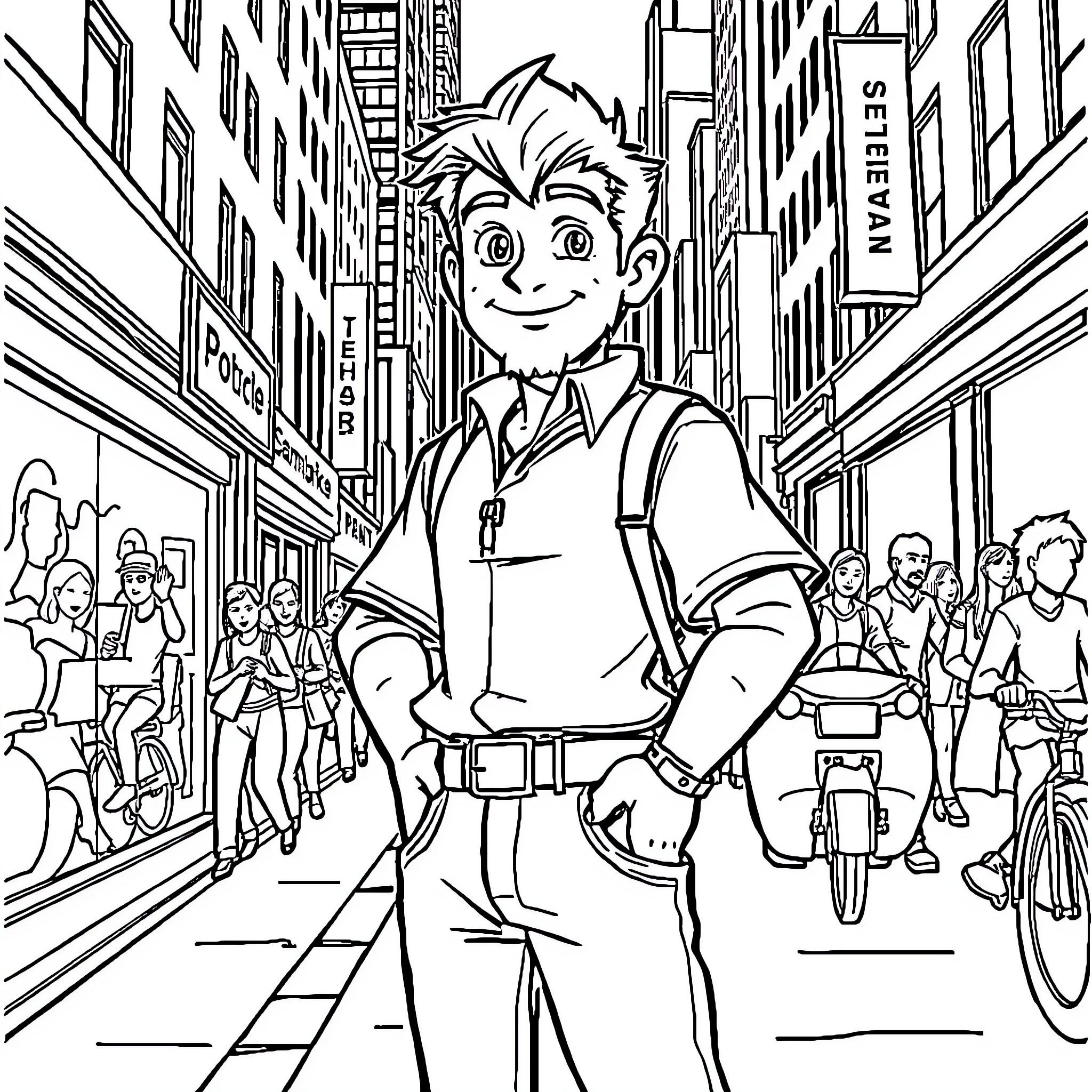 Leon Explores the Bustling City Streets Coloring Page (free black-and-white line drawing printable PDF for all, from beginners to advanced learners, including children, teens, adults, and seniors)
