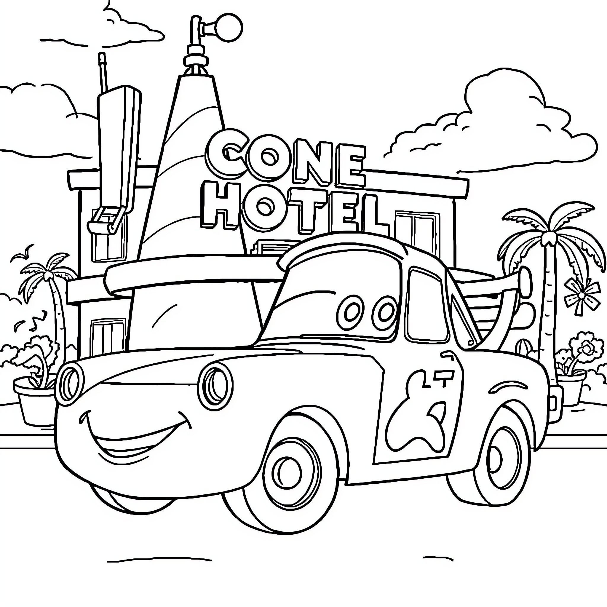 Mater's Adventures at the Cone Hotel Coloring Page (free black-and-white line drawing printable PDF for all, from beginners to advanced learners, including children, teens, adults, and seniors)