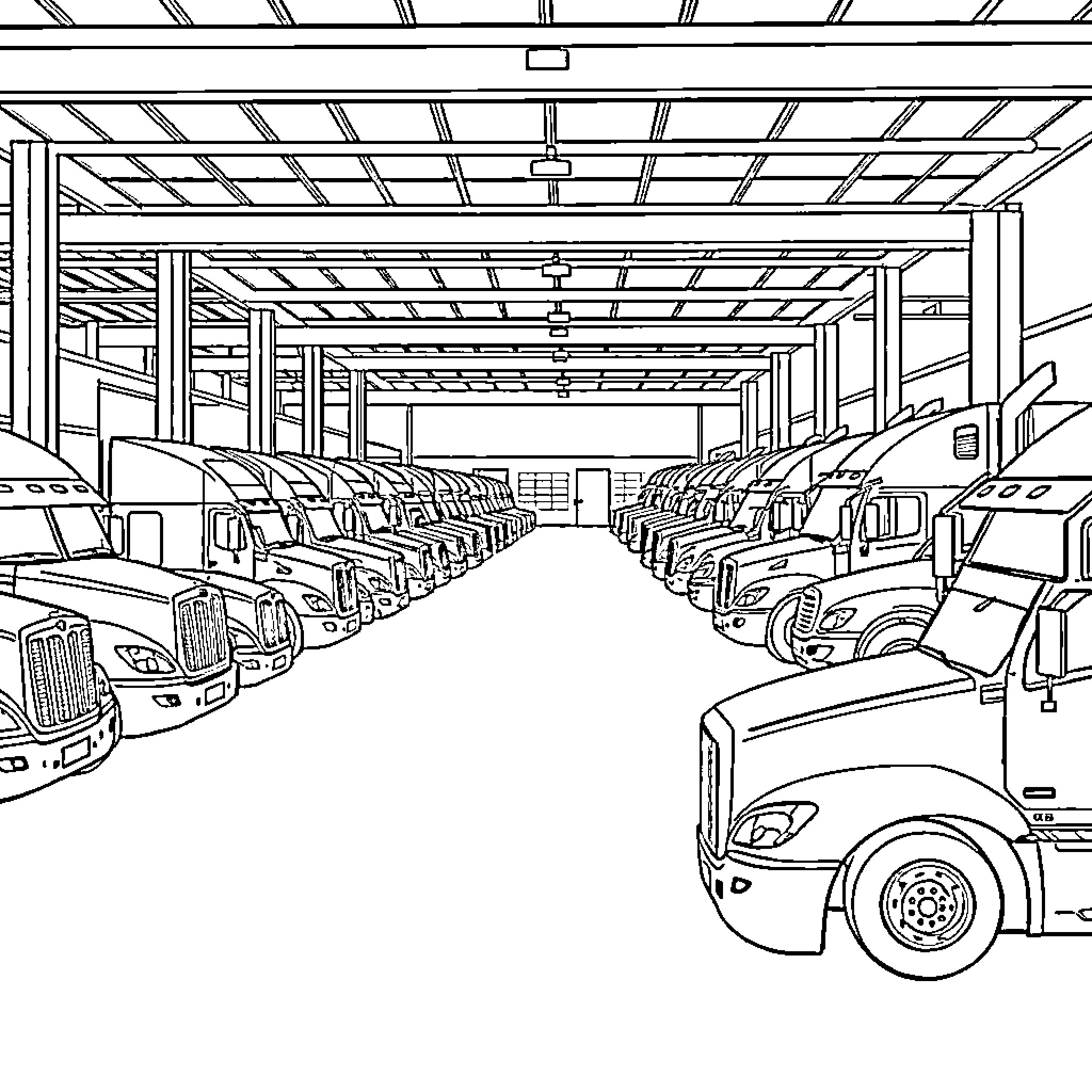 Car Dealership Warehouse with Numerous Vehicles Coloring Page (free black-and-white line drawing printable PDF for all, from beginners to advanced learners, including children, teens, adults, and seniors)