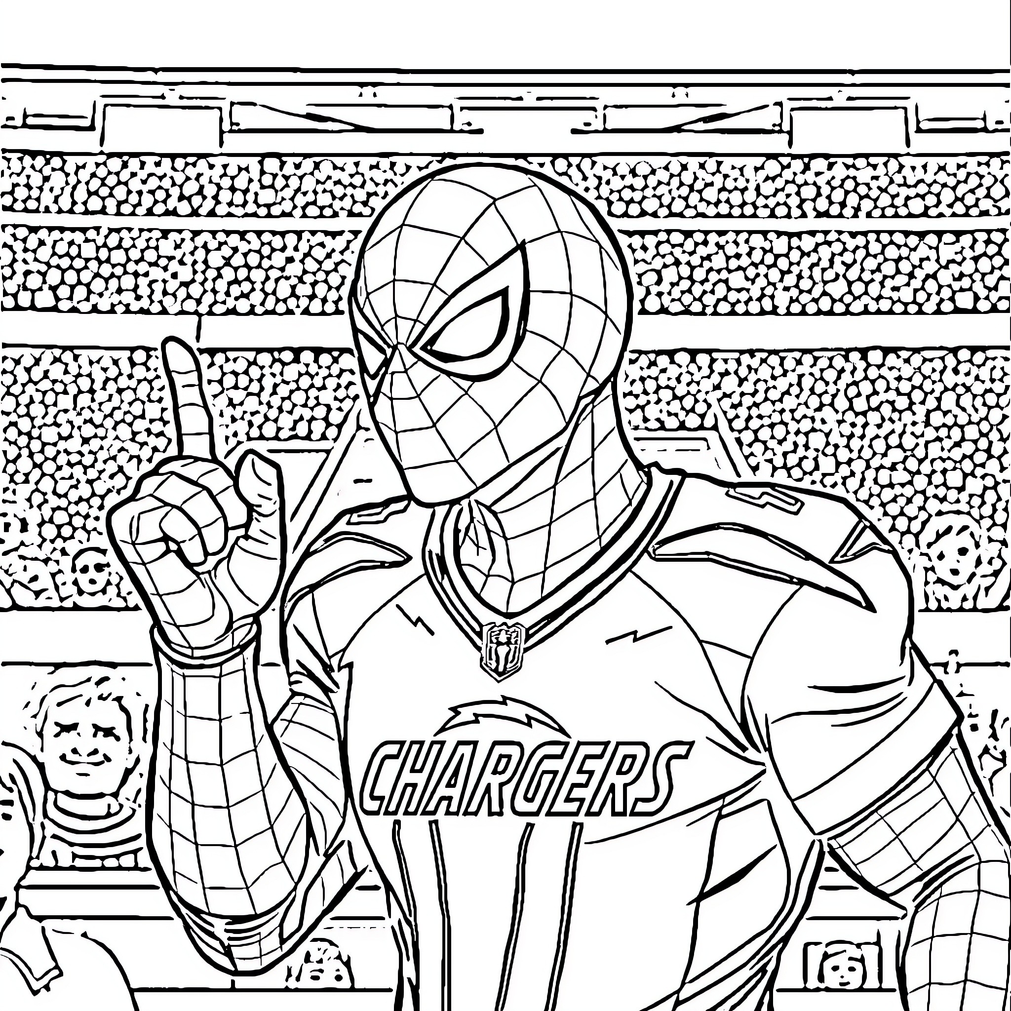 Spider-Man Throwing Up Peace Sign at Chargers Game Coloring Page (free black-and-white line drawing printable PDF for all, from beginners to advanced learners, including children, teens, adults, and seniors)