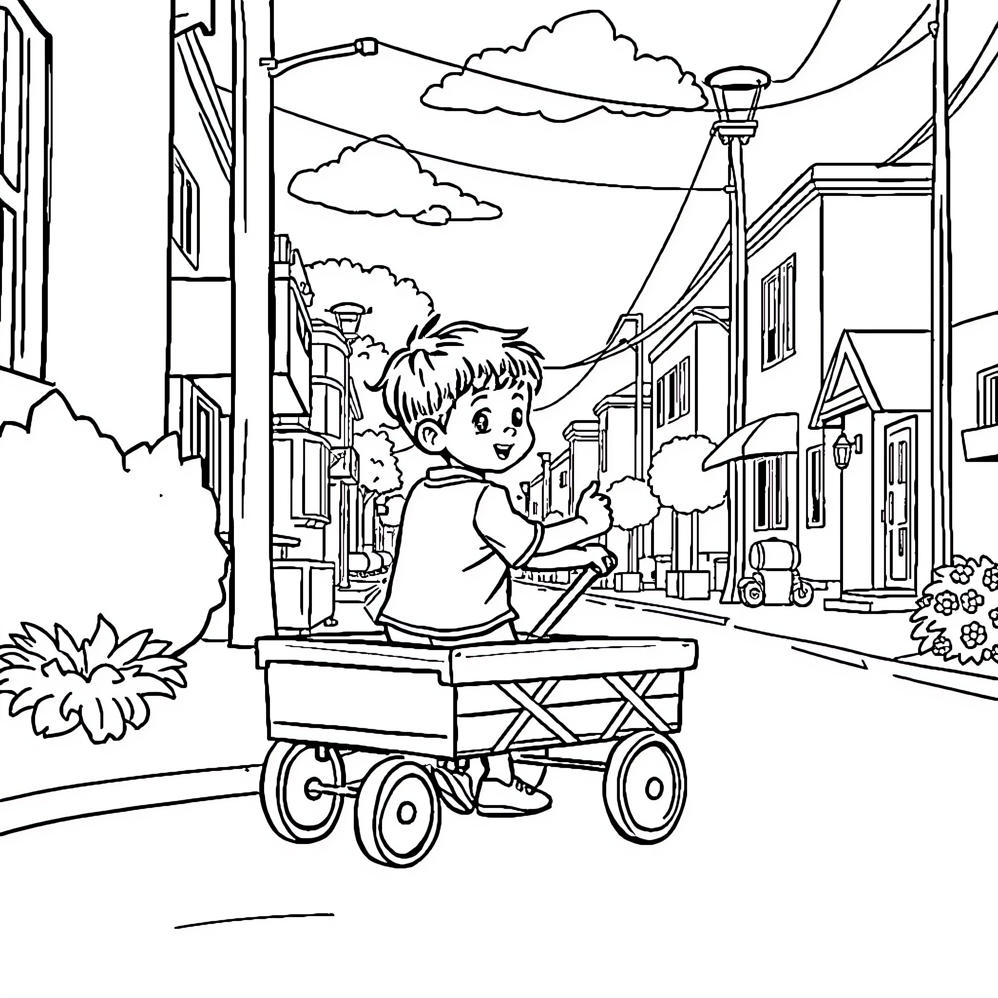 Boy playing in a wagon on a city street Coloring Page (free black-and-white line drawing printable PDF for all, from beginners to advanced learners, including children, teens, adults, and seniors)