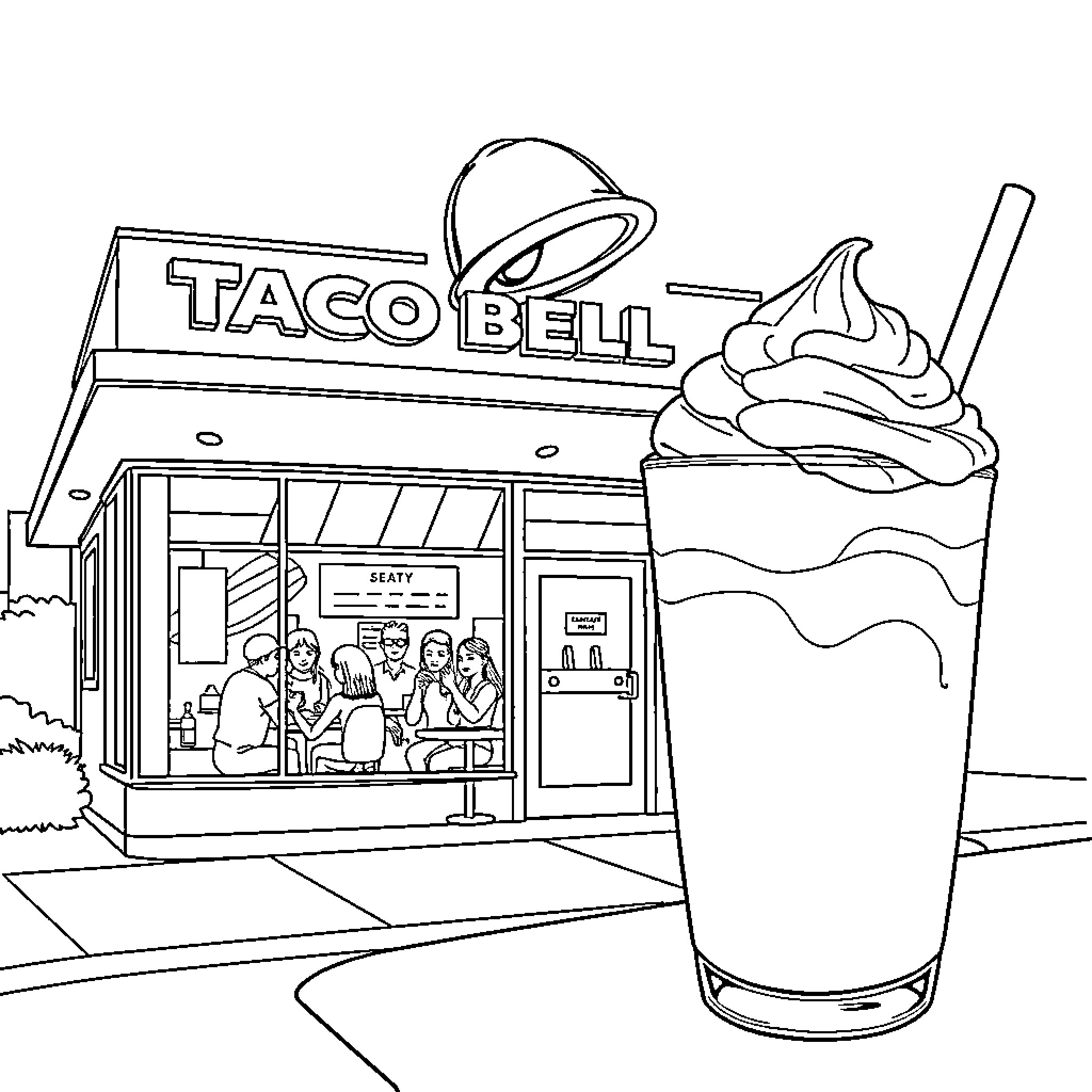 Taco Bell restaurant with soft serve dessert Coloring Page (free black-and-white line drawing printable PDF for all, from beginners to advanced learners, including children, teens, adults, and seniors)