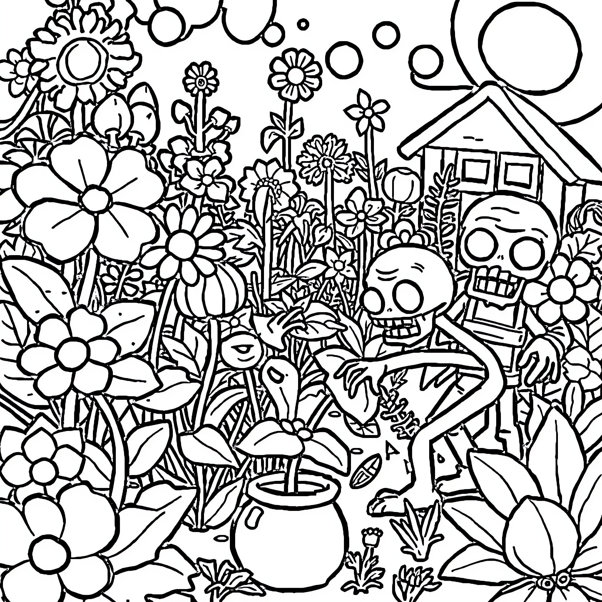Plants vs. Zombies: Flower-Filled Garden Adventure Coloring Page (free black-and-white line drawing printable PDF for all, from beginners to advanced learners, including children, teens, adults, and seniors)