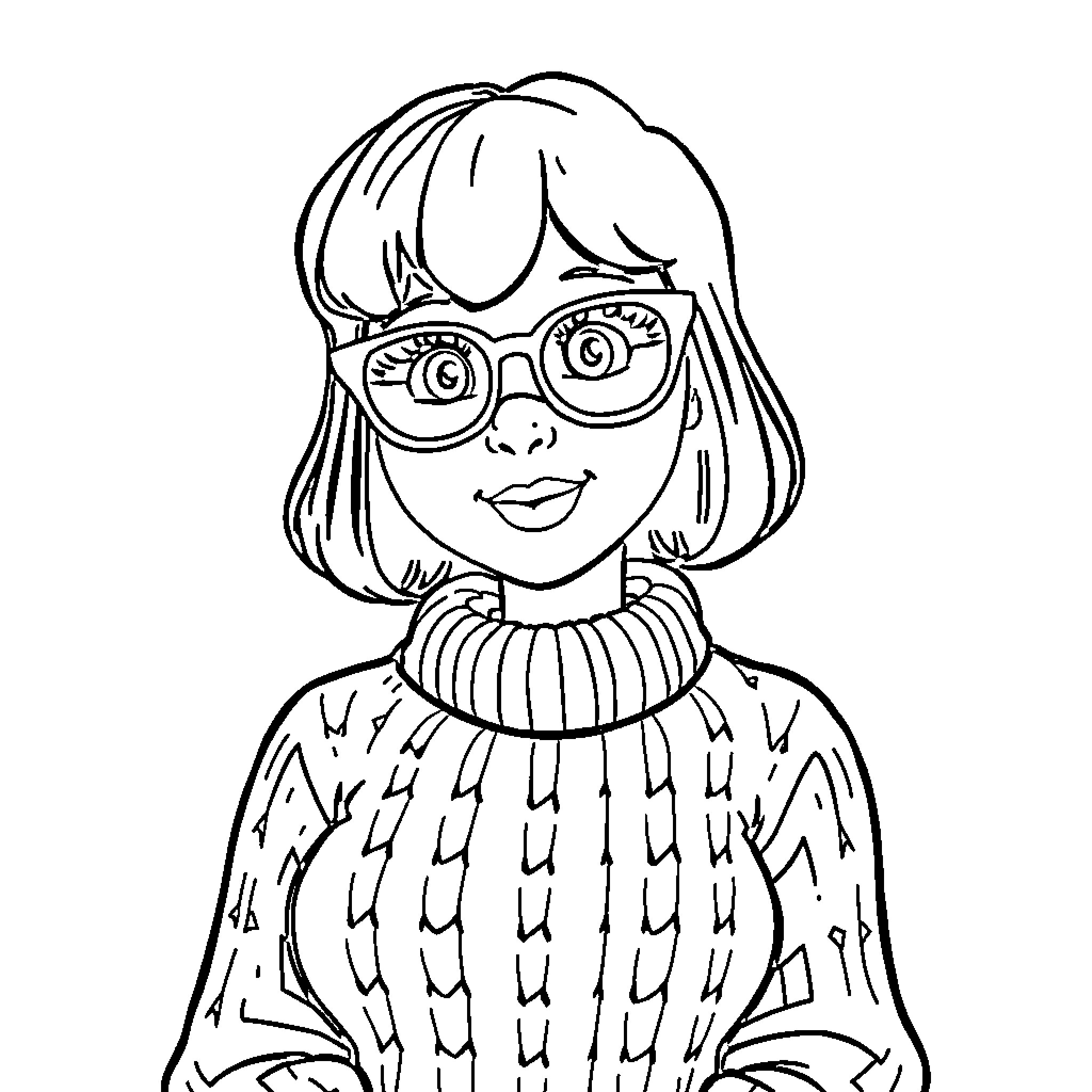 Velma in a cozy sweater and glasses Coloring Page (free black-and-white line drawing printable PDF for all, from beginners to advanced learners, including children, teens, adults, and seniors)